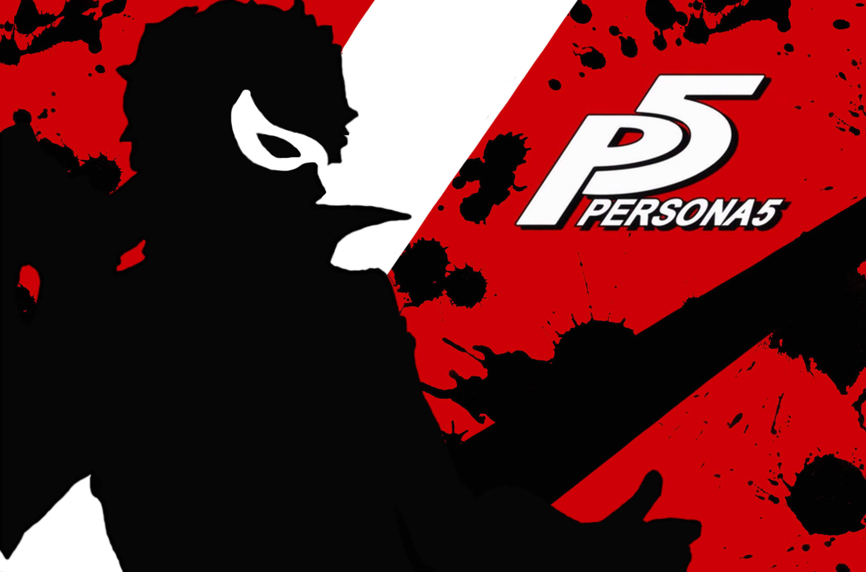 persona 桌布 壁紙 — 一個戴面具的人物在紅色和白色飛濺背景上的大膽剪影，帶有 'Persona 5' 標誌。