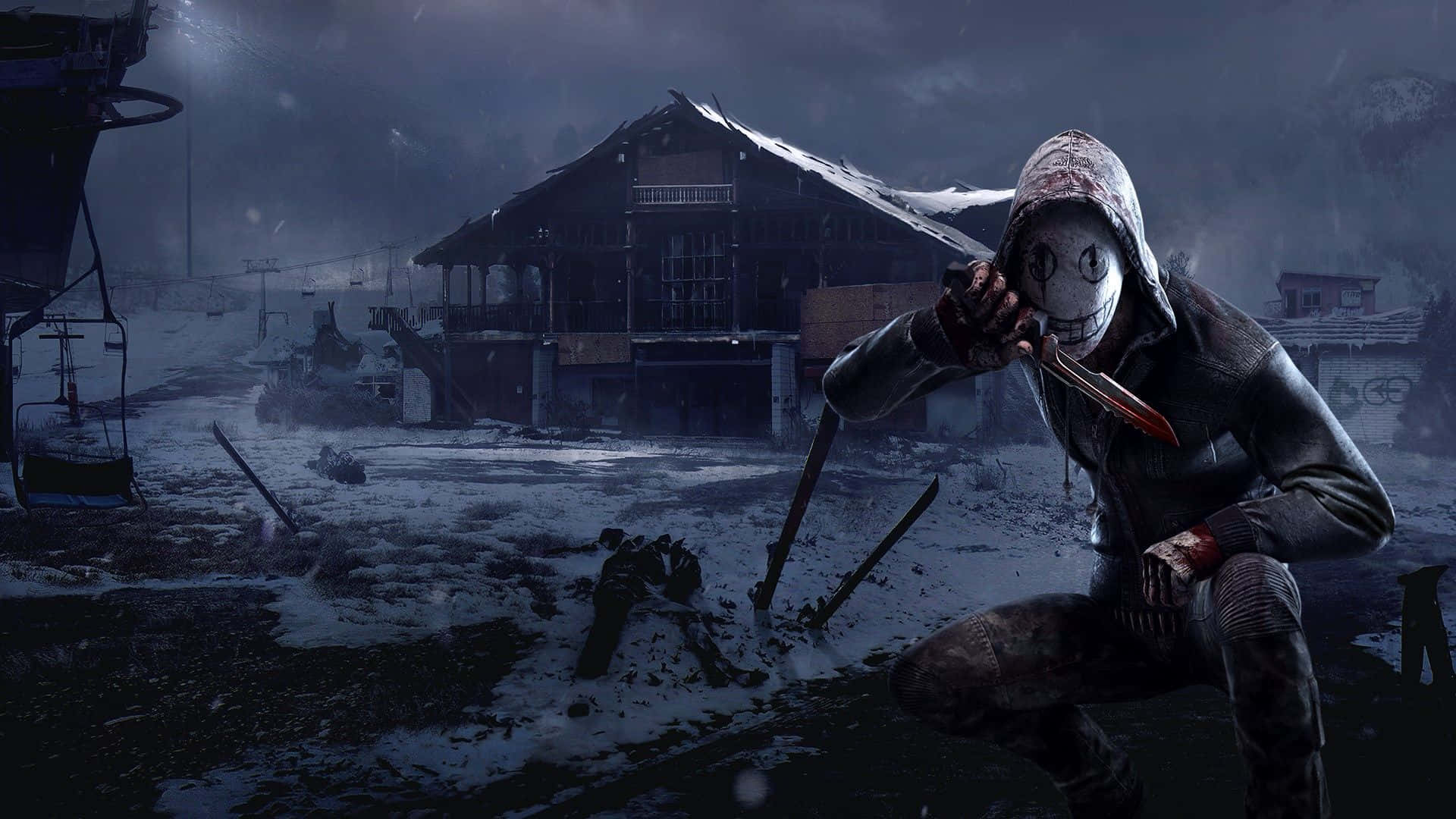 Dead By Daylight Killers 桌布 壁紙 — 一個戴面具的人物拿著刀，在黑暗暴風雨的天空下，蹲在一個積雪、廢棄的滑雪勝地。