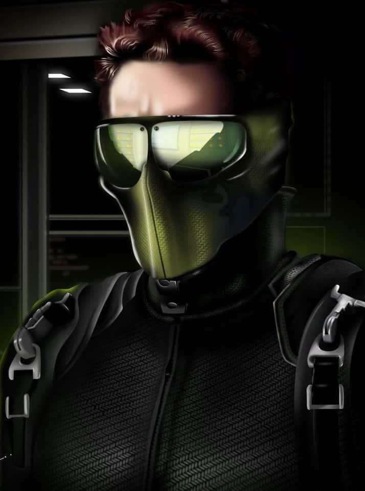 Harry Osborn 桌布 壁紙 — 一個戴面具的人物身穿深色戰術服，配備發光綠色護目鏡，站在燈光昏暗的高科技房間中。