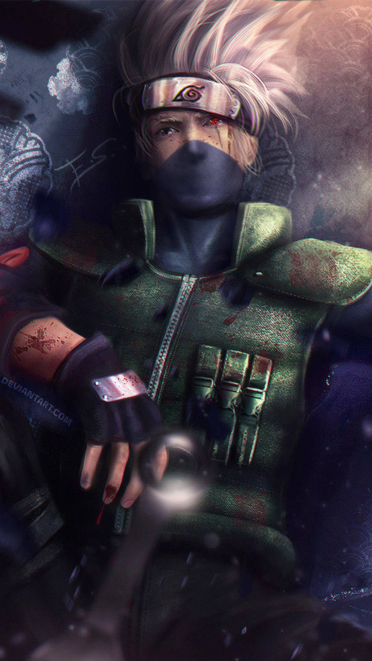 kakashi pfp 桌布 壁紙 — 一個戴面具的動漫忍者，擁有尖刺金髮和血跡斑斑的綠色背心，在黑暗風暴的場景中手持發光的苦無。