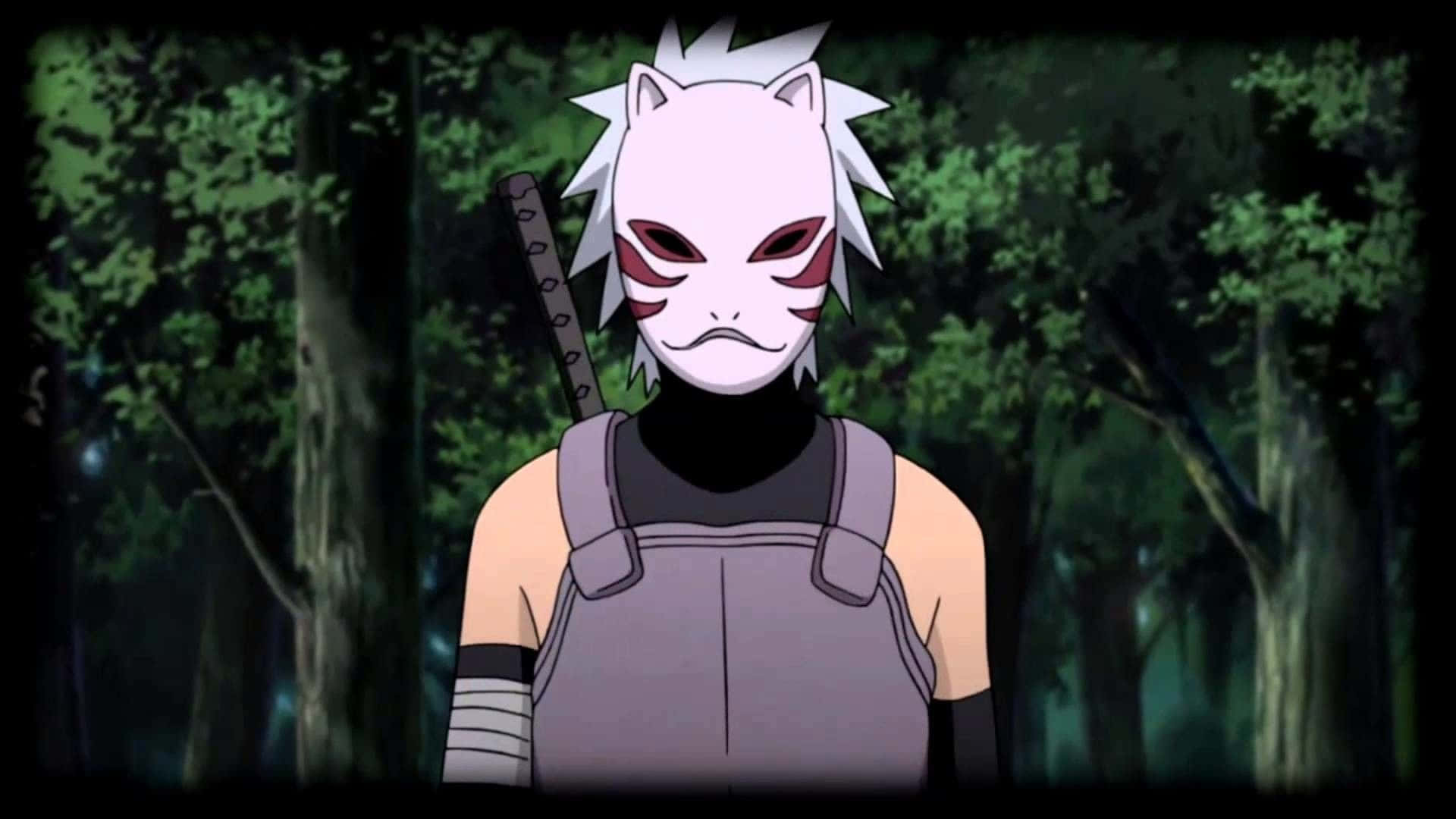 Anbu Black Ops 桌布 壁紙 — 一個戴面具的動漫忍者，白色尖刺頭髮和紅色標記，在黑暗森林中手持劍。
