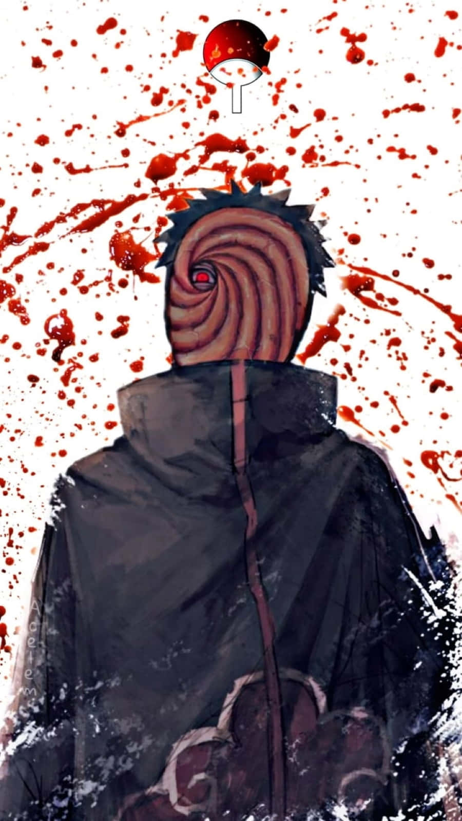 Akatsuki Tobi 桌布 壁紙 — 一個戴面具的動漫角色，擁有螺旋眼和紅色飛濺，身穿黑色斗篷站在白色背景前。