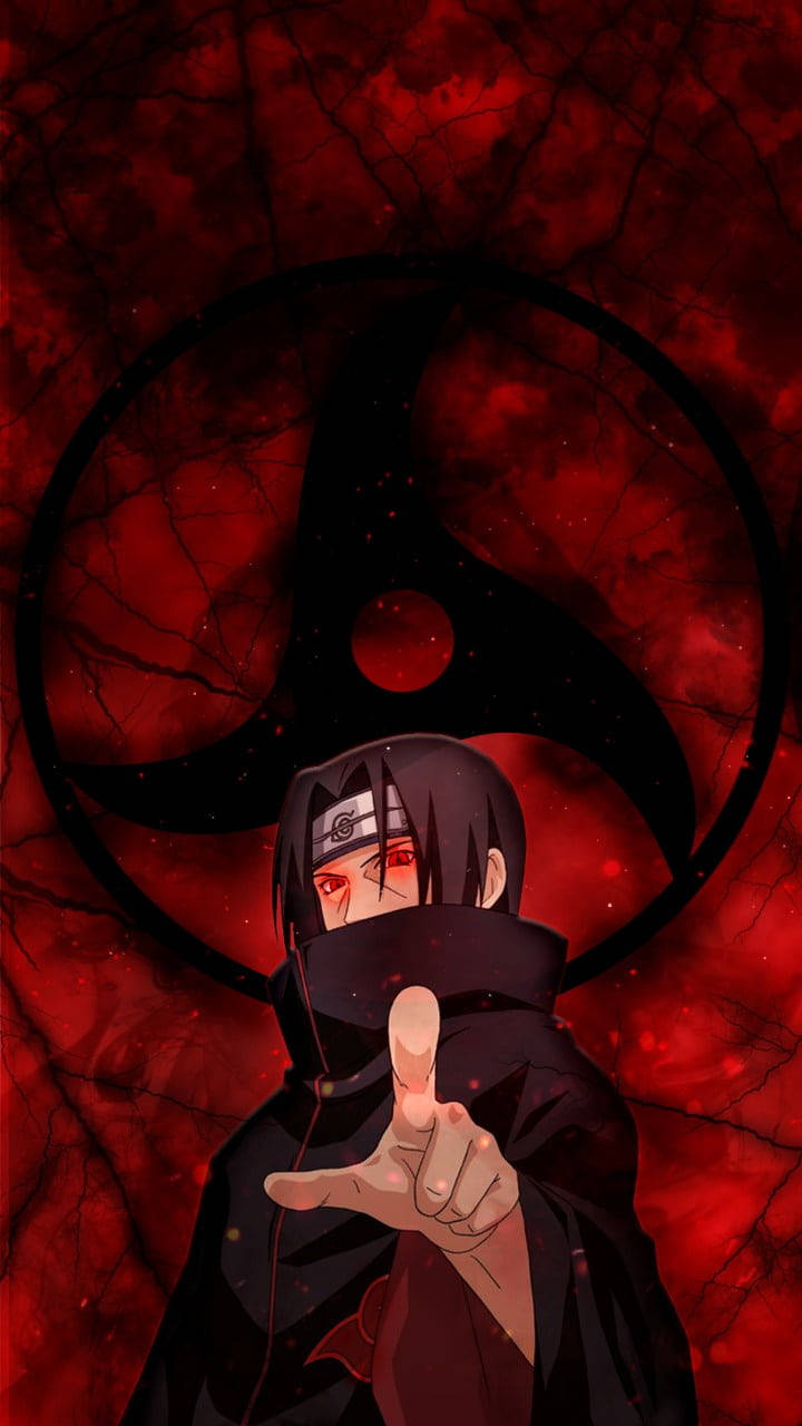 sasuke uchiha 桌布 壁紙 — 一個戴面具的動漫角色，紅眼睛，在帶有大型黑色螺旋符號的裂紋紅色背景前指向前方。
