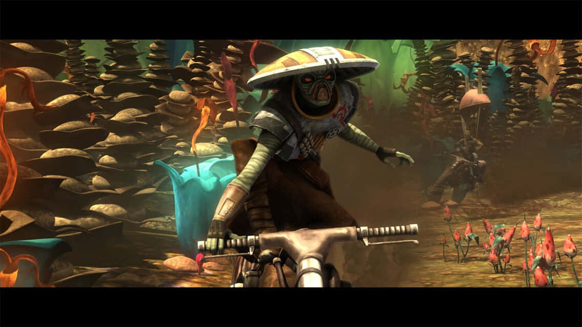 Bounty Hunters 桌布 壁紙 — 一個戴面具的外星騎士踩著單車，穿梭於一個充滿發光植物和疊石地貌的超現實叢林。