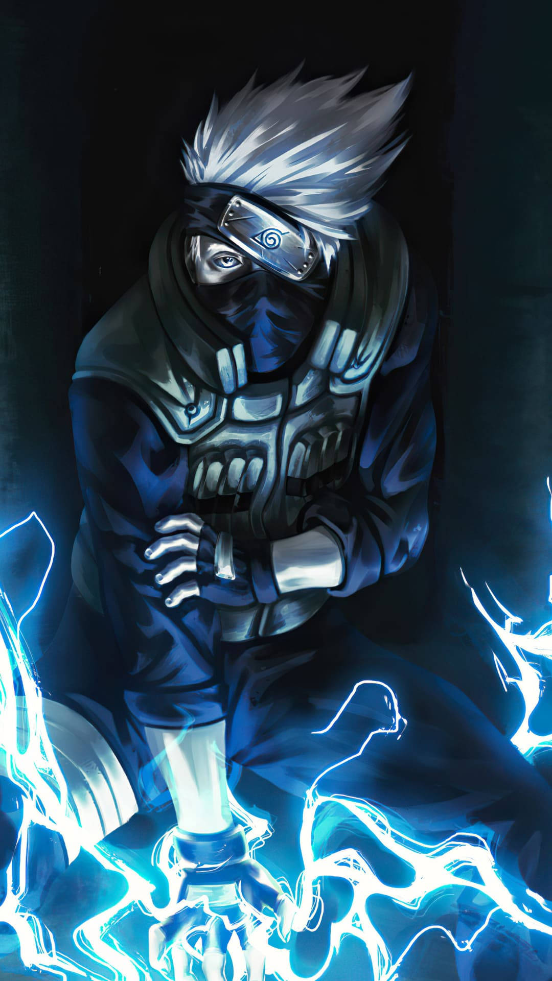 Kakashi Hatake 桌布 壁紙 — 一個戴面具的忍者，白色尖刺頭髮，在黑暗環境中雙手環繞著發光的藍色閃電。