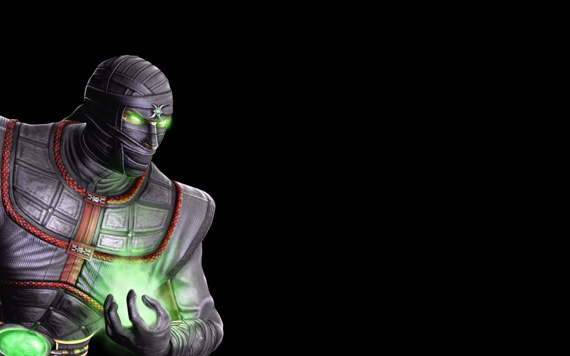 Mortal Kombat Reptile 桌布 壁紙 — 一個戴面具的忍者戰士，擁有發光的綠色眼睛和胸部，在黑色背景上投射能量。