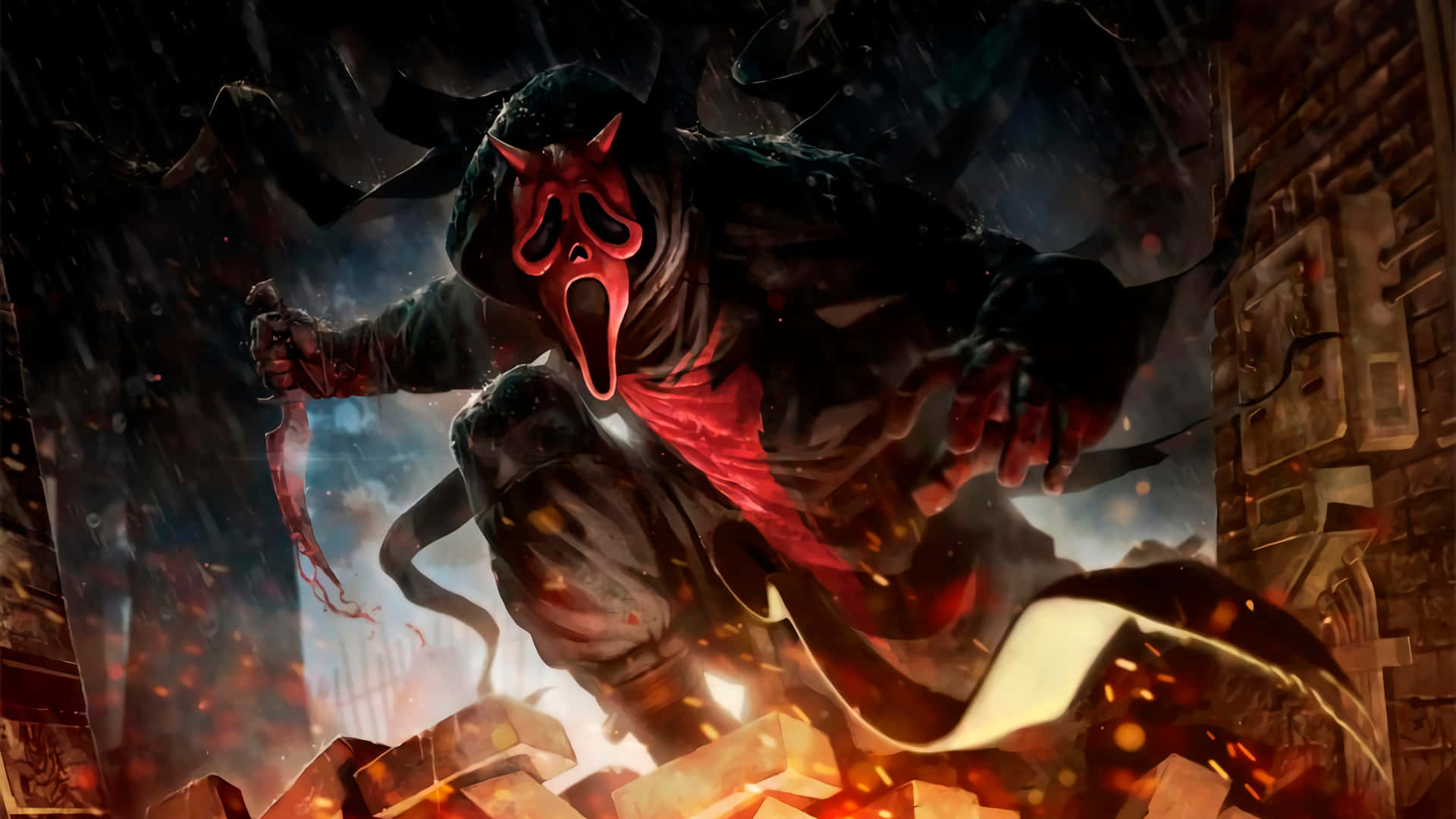 Dead By Daylight Killers 桌布 壁紙 — 一個戴面具的恐怖角色，眼睛發出紅光，手持血淋淋的刀，在夜晚穿過 crumbling 的城市廢墟猛撲過來。
