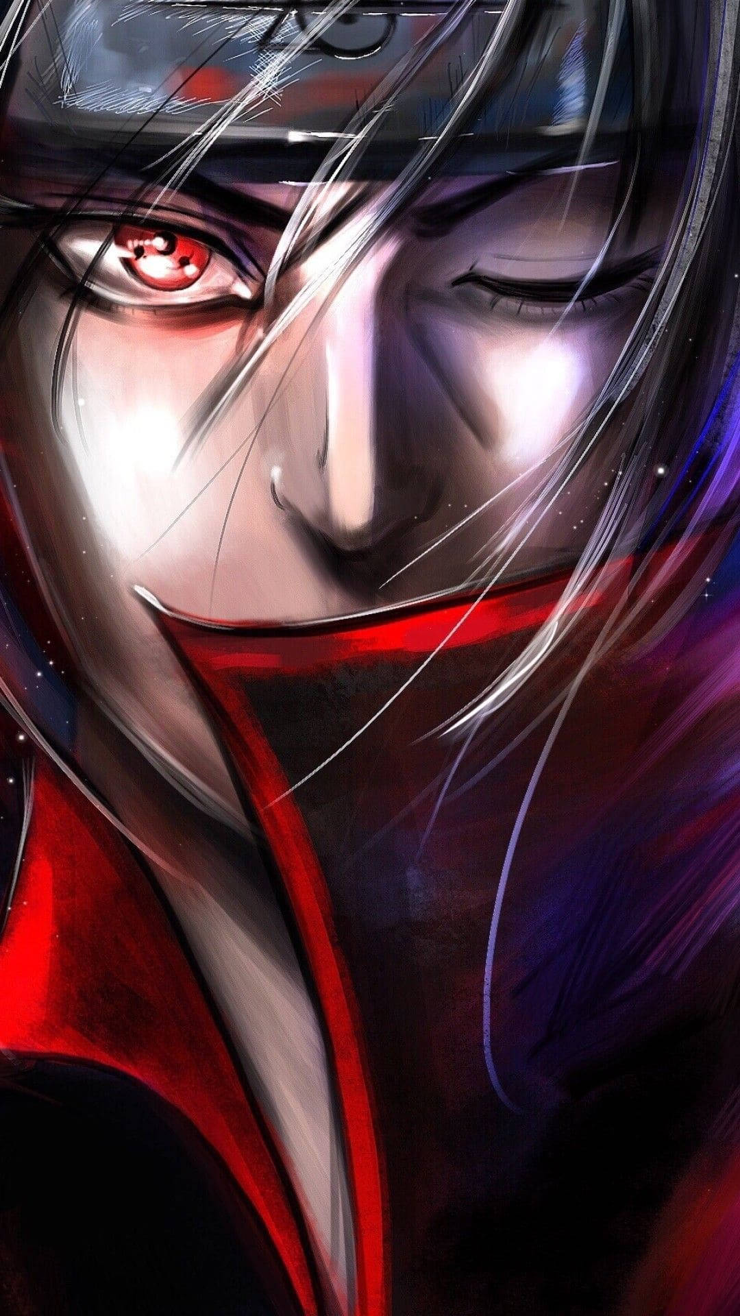 Itachi 桌布 壁紙 — 一個戴面具的戰士，擁有發光的紅色眼睛和銀色頭髮，在黑暗的宇宙背景下，動畫特寫肖像。