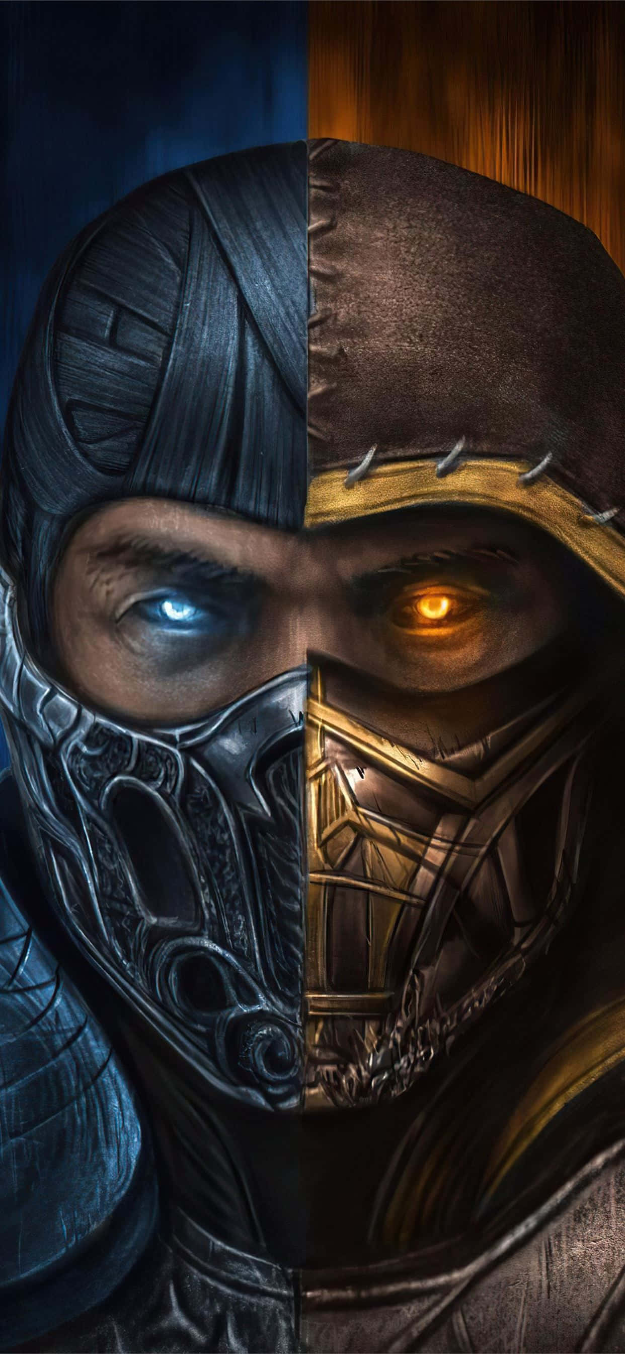 Mortal Kombat Legacy 桌布 壁紙 — 一個戴面具的戰士的分面肖像，一隻眼睛發出藍光，另一隻眼睛發出橙光，背景是對比的深藍色和溫暖的棕色。