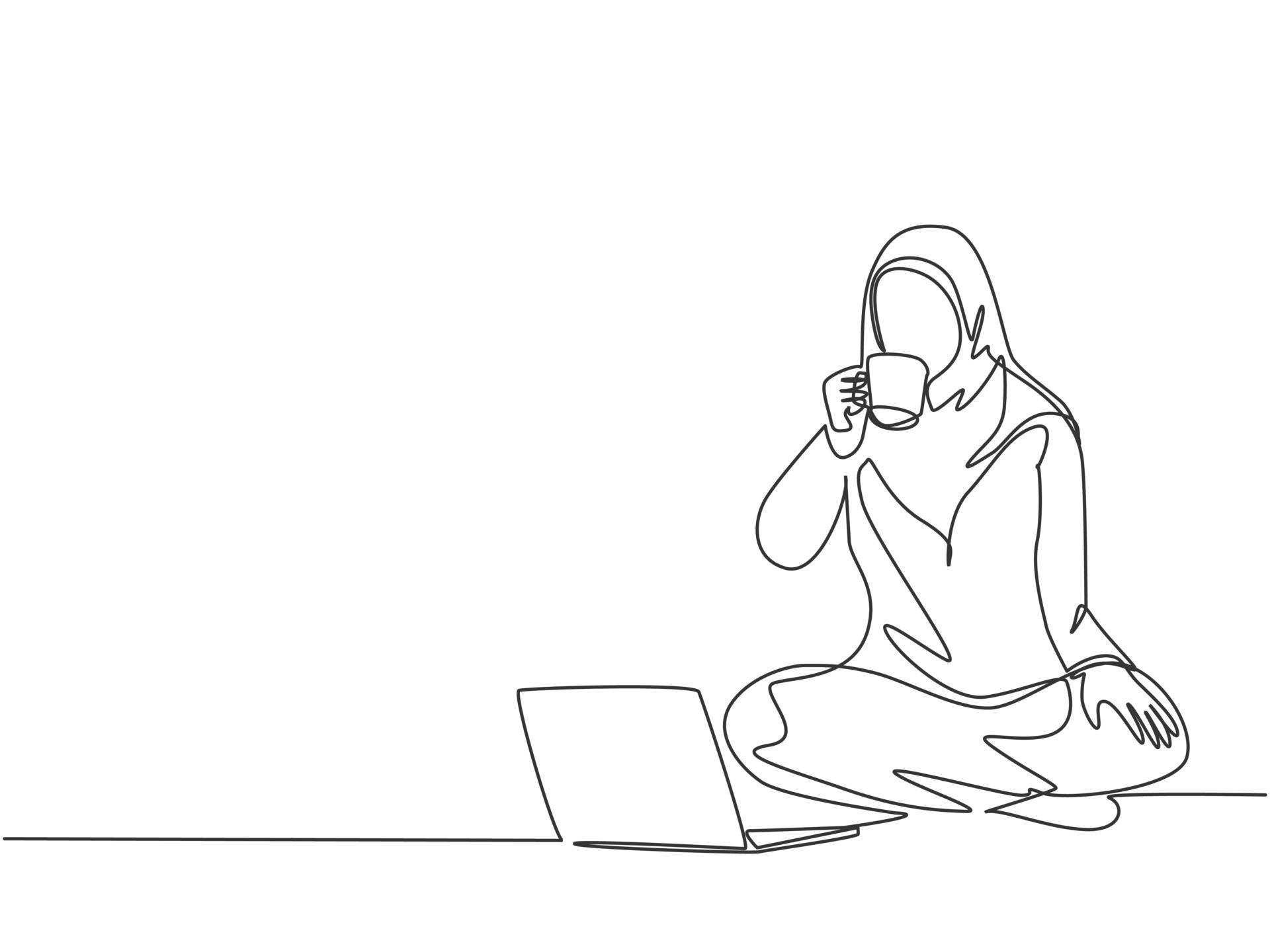 Illustration Art 桌布 壁紙 — 一個戴頭巾的人坐在打開的筆記本電腦旁邊，從杯子裡啜飲的極簡線條畫。