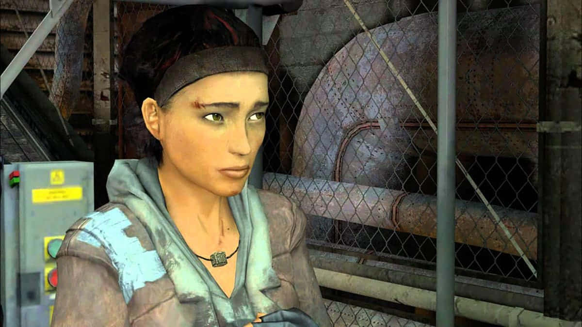 Half-life Characters 桌布 壁紙 — 一個戴頭帶、臉上帶疤痕的女人站在生鏽的工業環境中，鐵絲網後面。