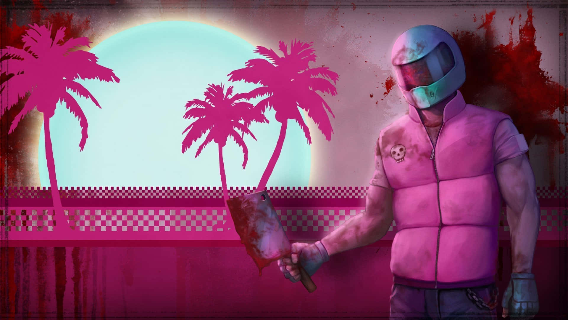 Hotline Miami 桌布 壁紙 — 一個戴頭盔、身穿粉紅色背心的人物，在超現實的粉紅色棕櫚樹背景和發光的太陽下，手持一把血淋淋的切肉刀。