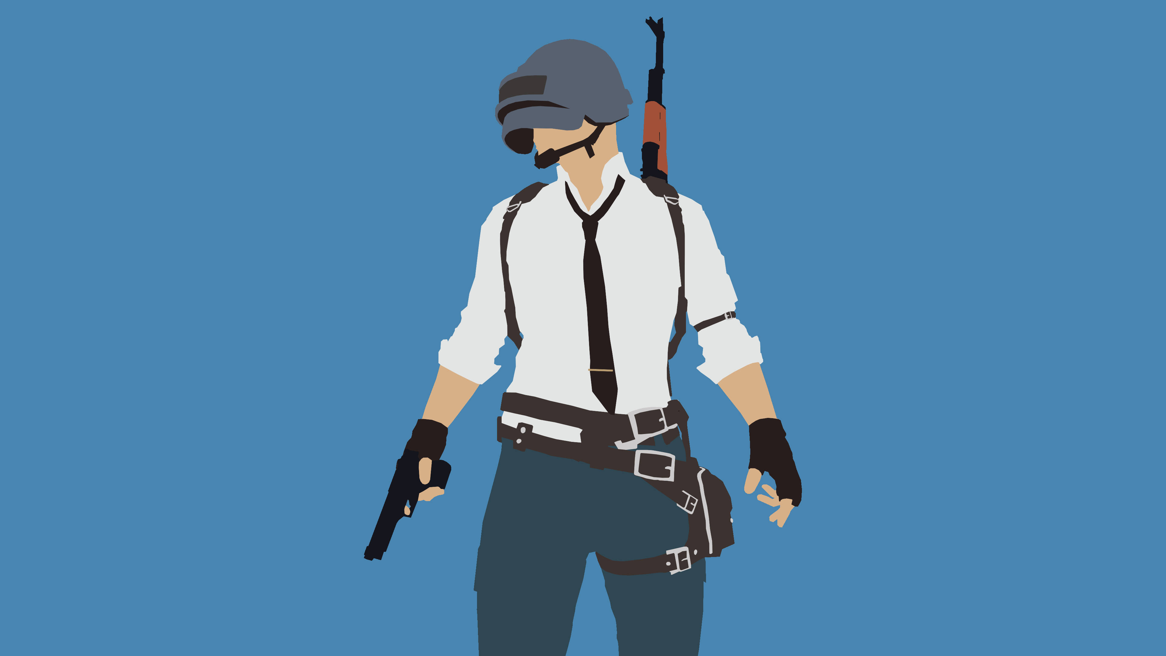 Playerunknown's Battlegrounds 桌布 壁紙 — 一個戴頭盔和領帶的風格化士兵，在純藍色背景上手持手槍，背上背著步槍。