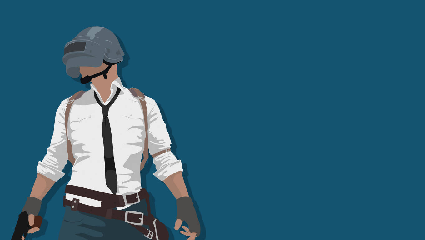PUBG 桌布 壁紙 — 一個戴頭盔和領帶的風格化士兵站在純青色背景前，手持槍械。