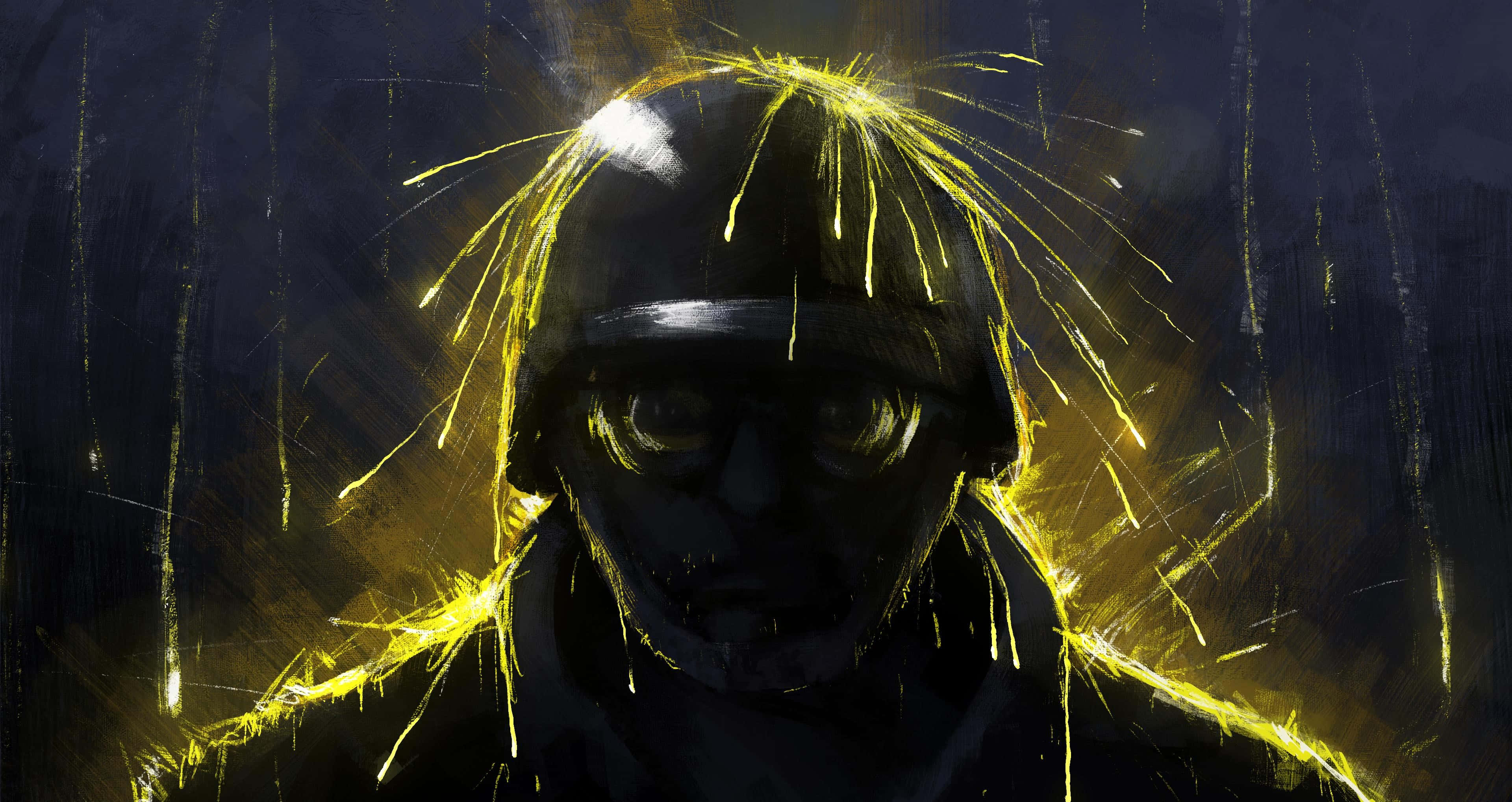 Rainbow Six Siege Fuze 桌布 壁紙 — 一個戴頭盔的人物在暴風雨夜空下的黑暗剪影，頭部散發出發光的黃色條紋。