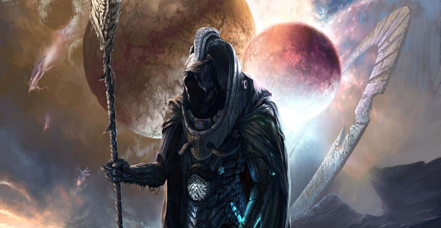 Sorcerer 桌布 壁紙 — 一個戴頭盔的裝甲人物站在一個有發光行星和漂浮碎片的宇宙景觀中。