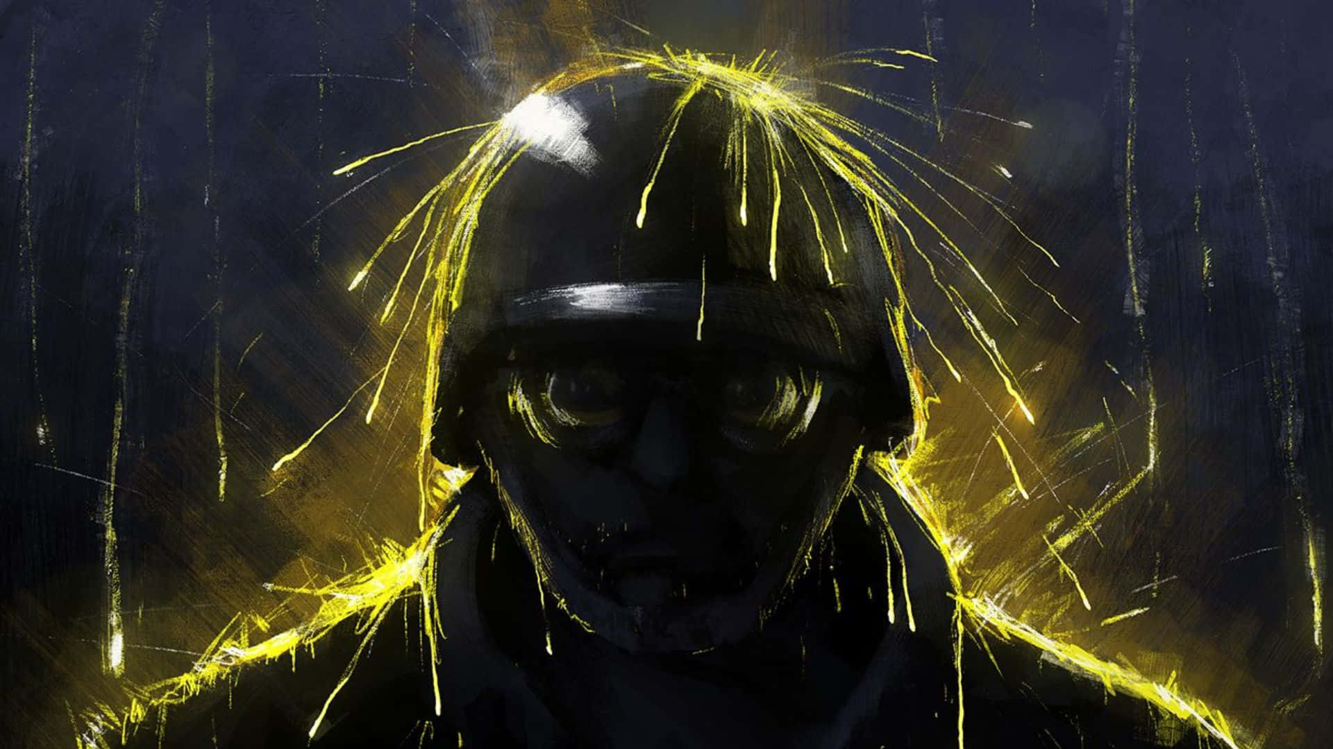 Rainbow Six Siege Operators 桌布 壁紙 — 一個戴頭盔的黑暗人物，頭部迸發出發光的黃色火花，背景是暴風雨的夜晚。