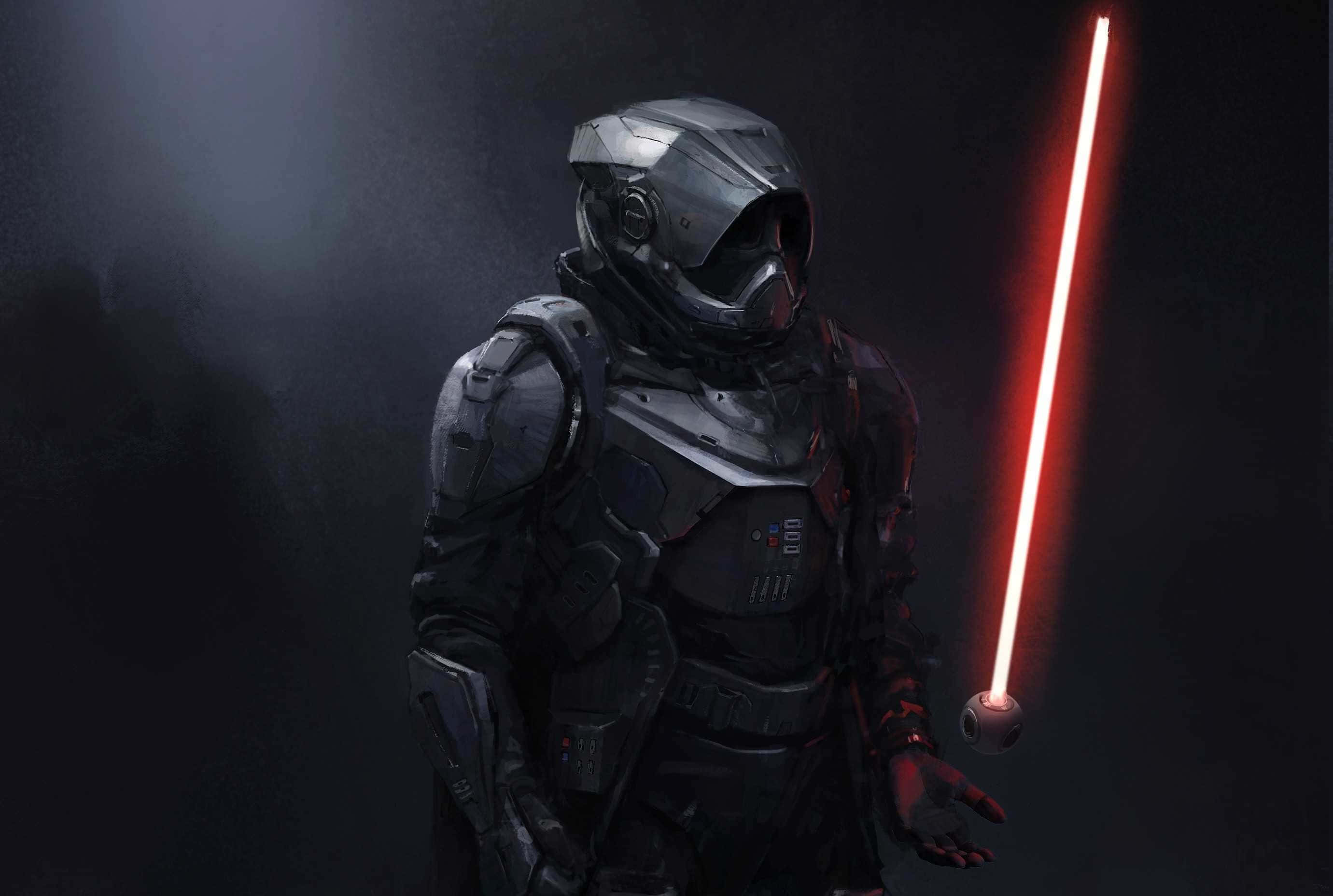Cool Star Wars 桌布 壁紙 — 一個戴頭盔的黑暗裝甲人物，在煙霧繚繞的陰影背景中手持一把發光的紅色光劍。