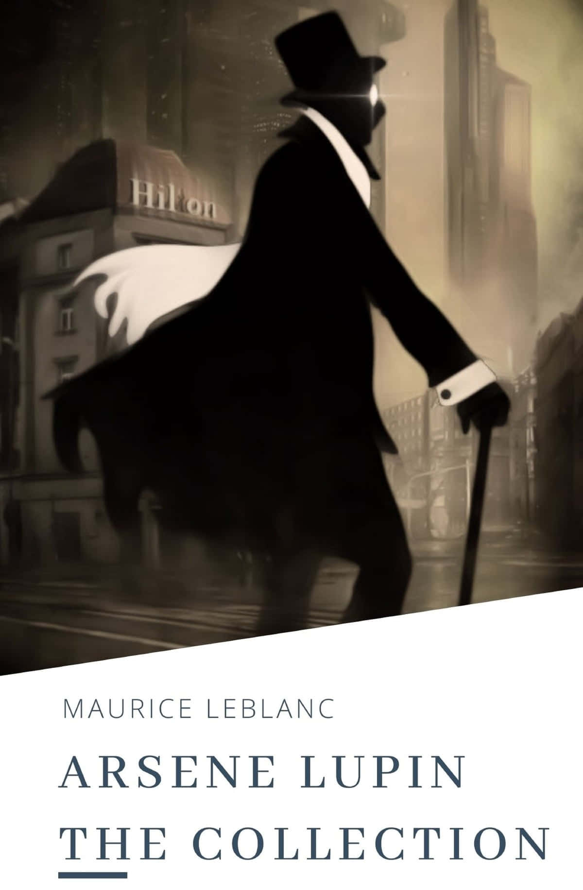 Arsène Lupin 桌布 壁紙 — 一個戴高帽、披斗篷的神秘男子剪影，拄著手杖穿過霧氣瀰漫的城市街道。