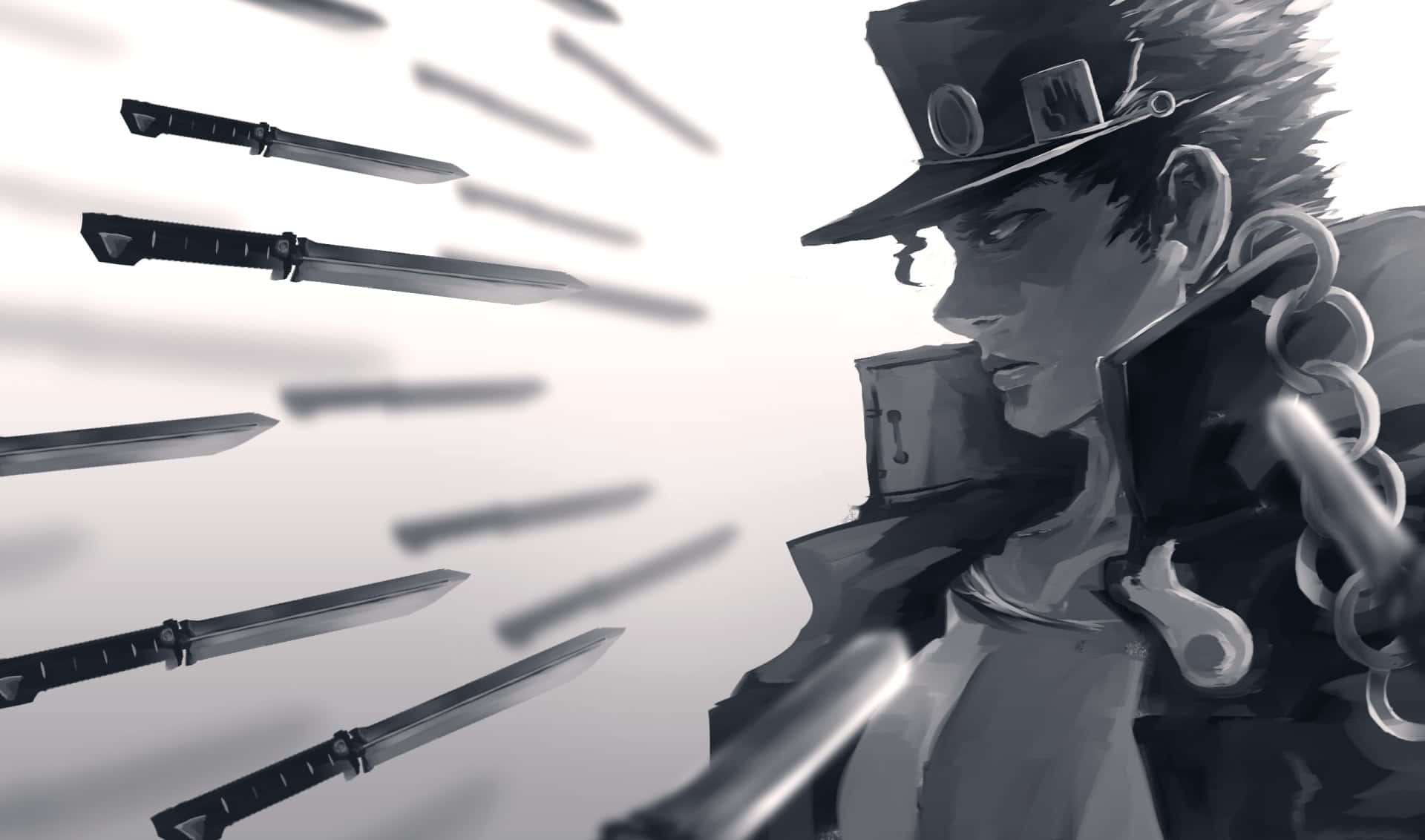 Jotaro Kujo 桌布 壁紙 — 一個戴高帽的單色動漫角色揮舞鎖鏈，同時以動態動作姿勢投擲飛刀。