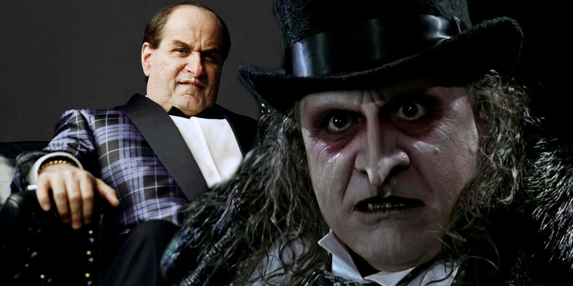 Batman Penguin 桌布 壁紙 — 一個戴高帽的威脅性吸血鬼強烈地凝視，而一個穿燕尾服的男人坐在他後面的黑暗房間裏。