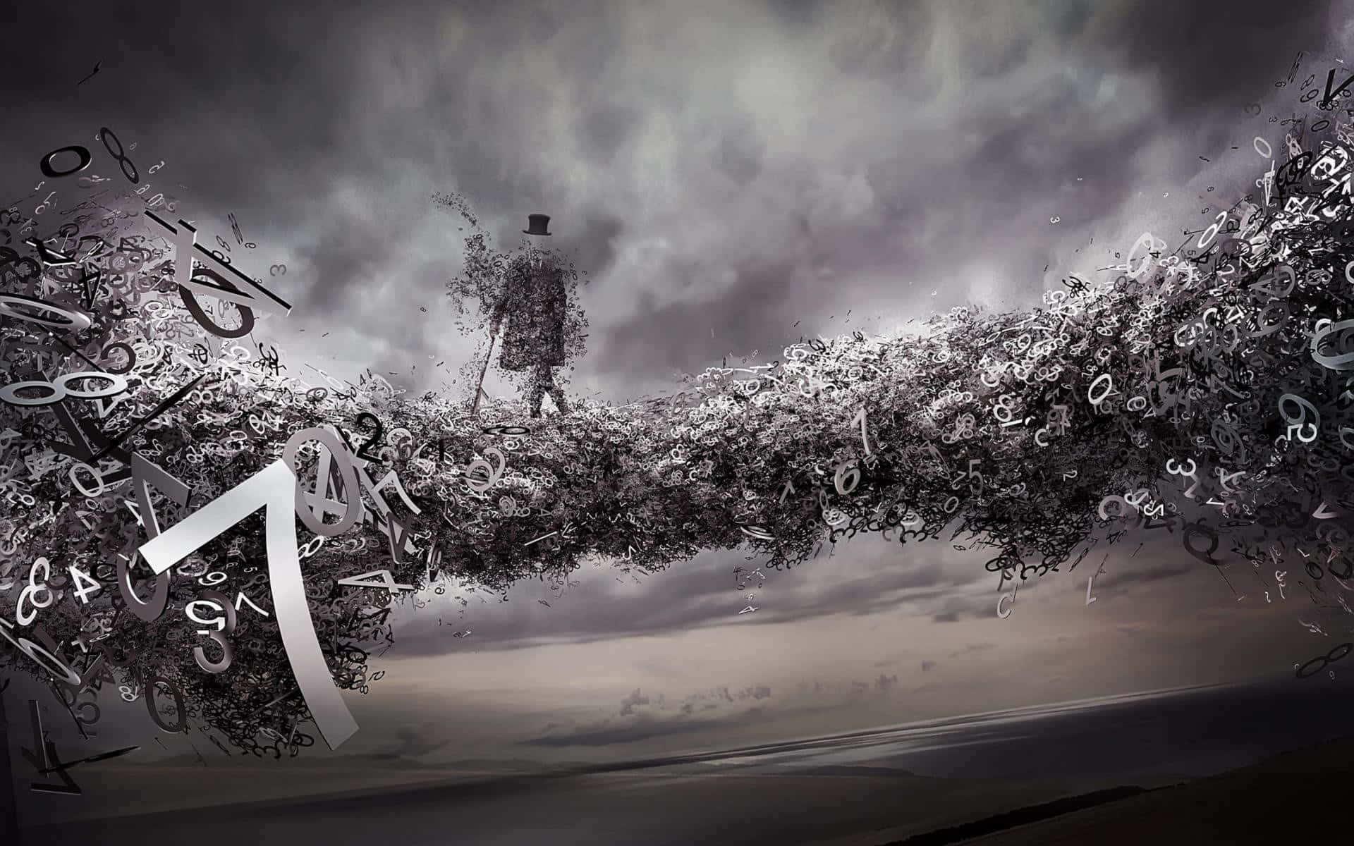 3d Graphics 桌布 壁紙 — 一個戴高帽的孤獨身影在風暴般的灰色天空下，走過一座由漂浮數學符號組成的橋樑。