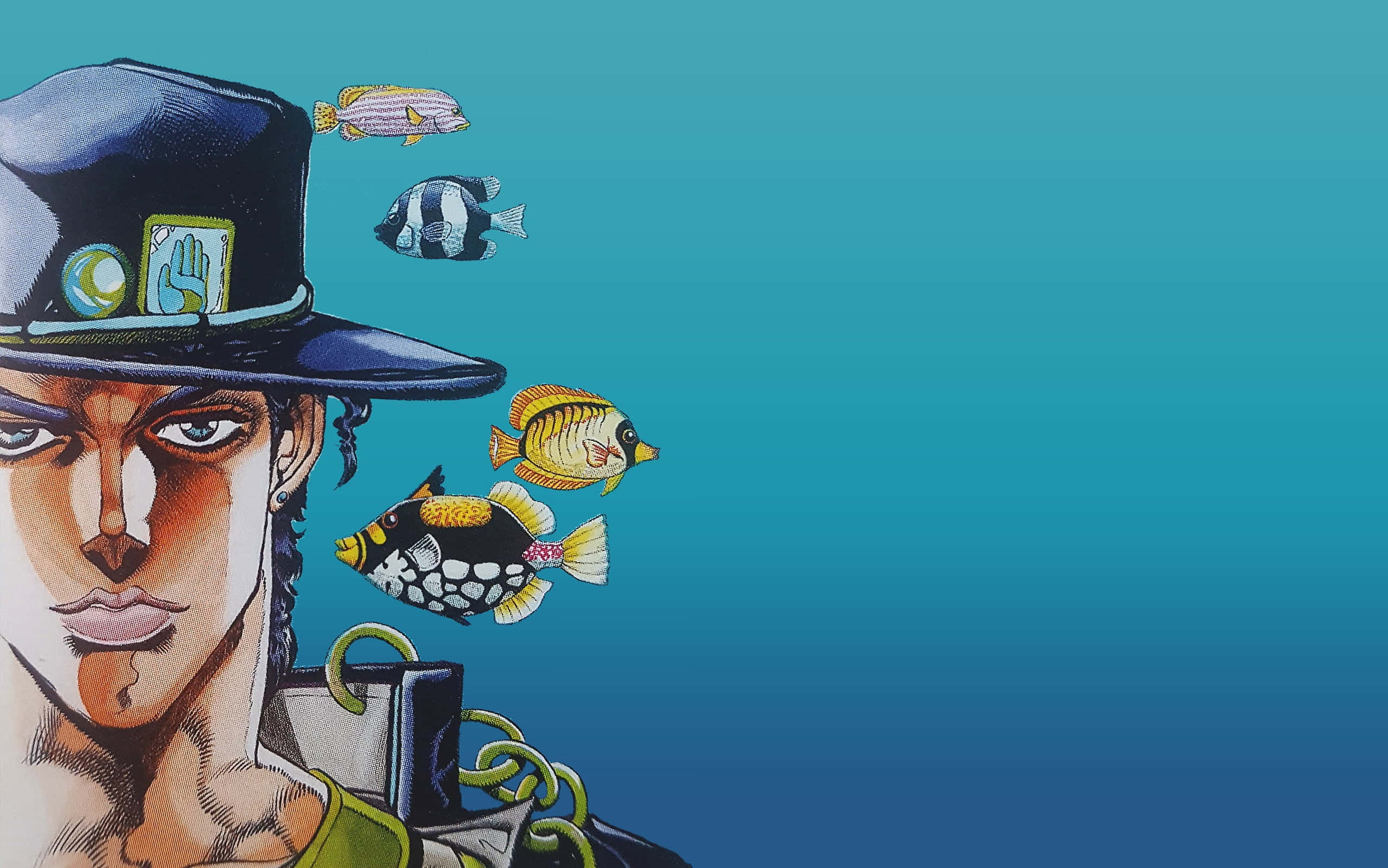 Jotaro Kujo 桌布 壁紙 — 一個戴高帽的風格化動漫角色，色彩繽紛的魚在他頭部周圍游動，背景是青綠漸變色。