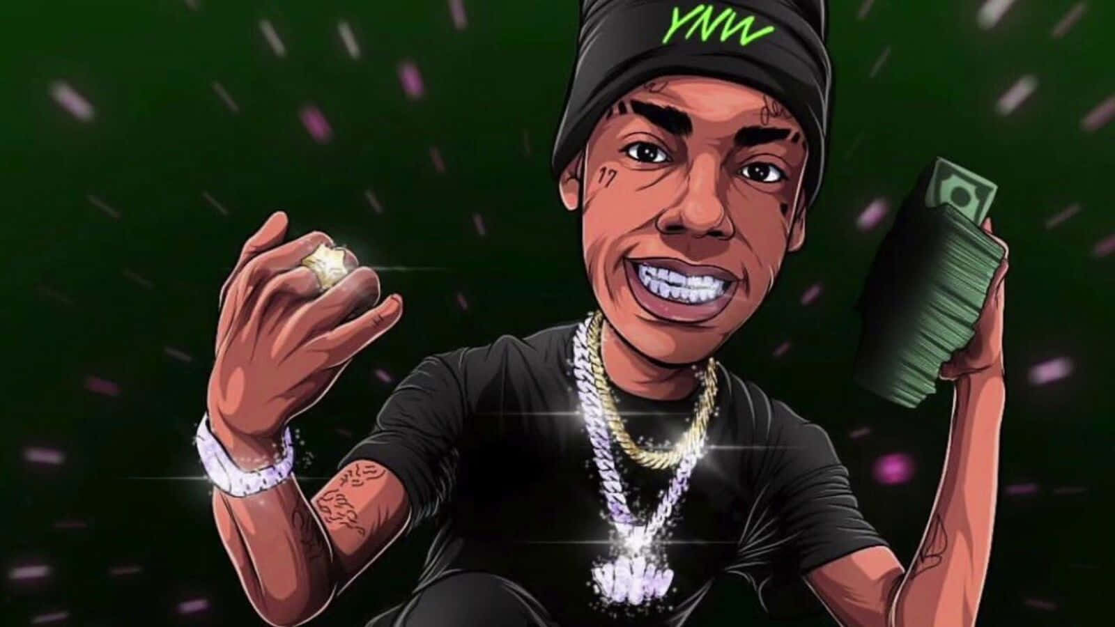 Ynw Melly Cartoon 桌布 壁紙 — 一個戴黑色冷帽和金色鏈條的卡通饒舌歌手，在深綠色閃亮背景前自豪地展示鑽石戒指和一疊現金。