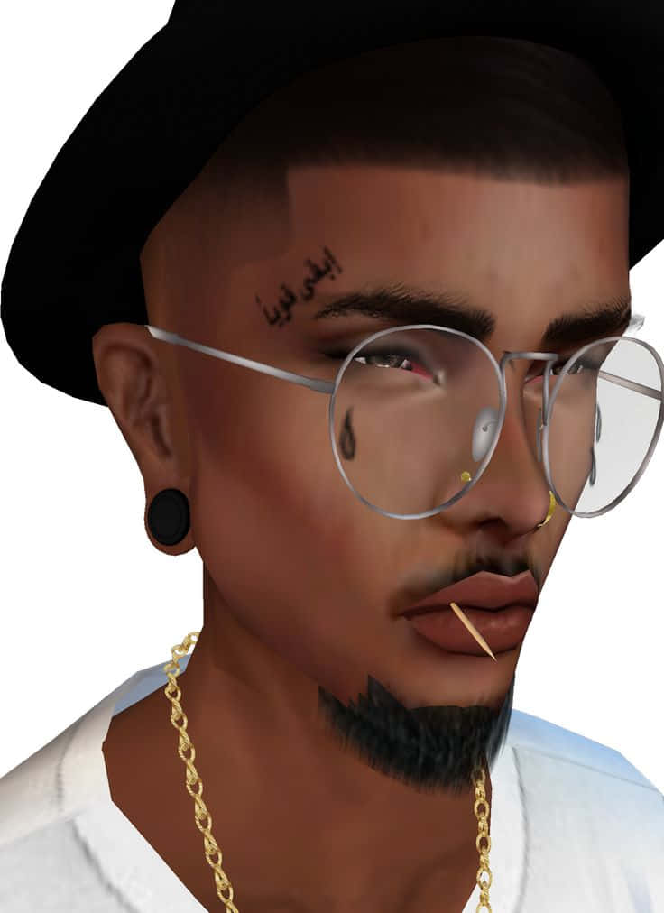 imvu 桌布 壁紙 — 一個戴黑色帽子、圓框眼鏡、額頭上有阿拉伯紋身的男士的風格化數碼肖像。