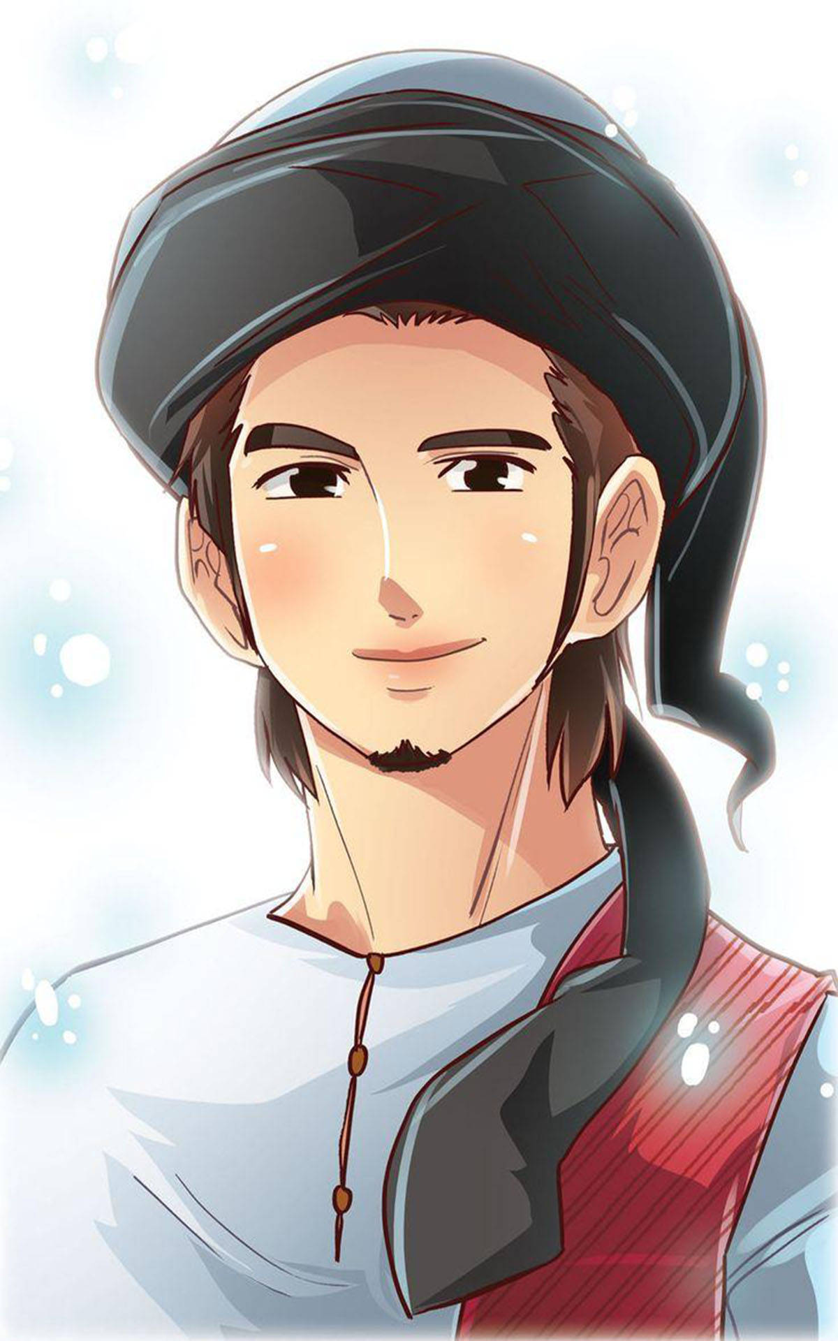 動漫男孩 桌布 壁紙 — 一個戴黑色頭巾和紅色背心的年輕男子在明亮的雪景背景下溫柔地微笑。