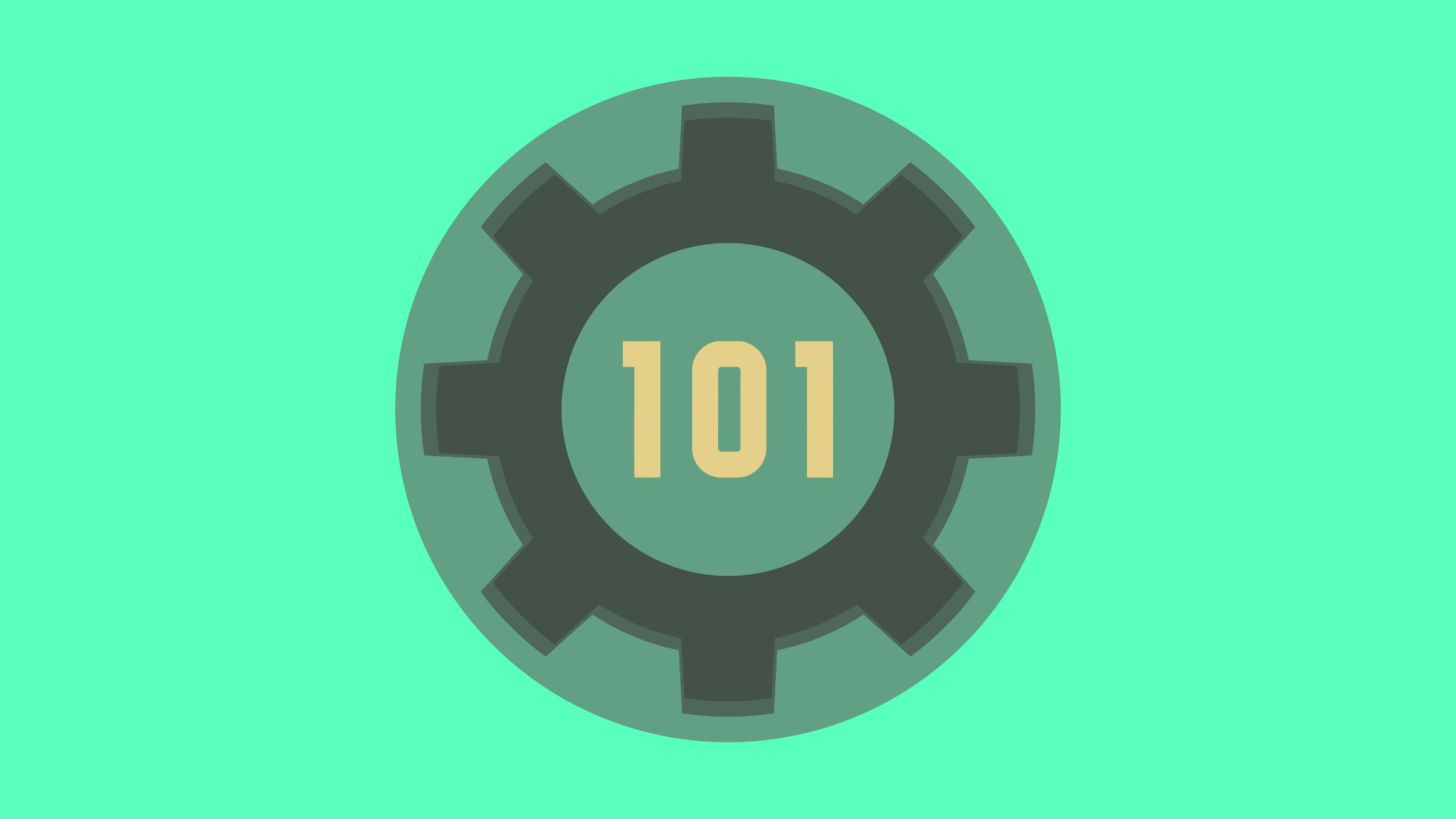 Vault 101 桌布 壁紙 — 一個扁平設計的齒輪圖標，中央有一個黃色的數字101，背景為青綠色。