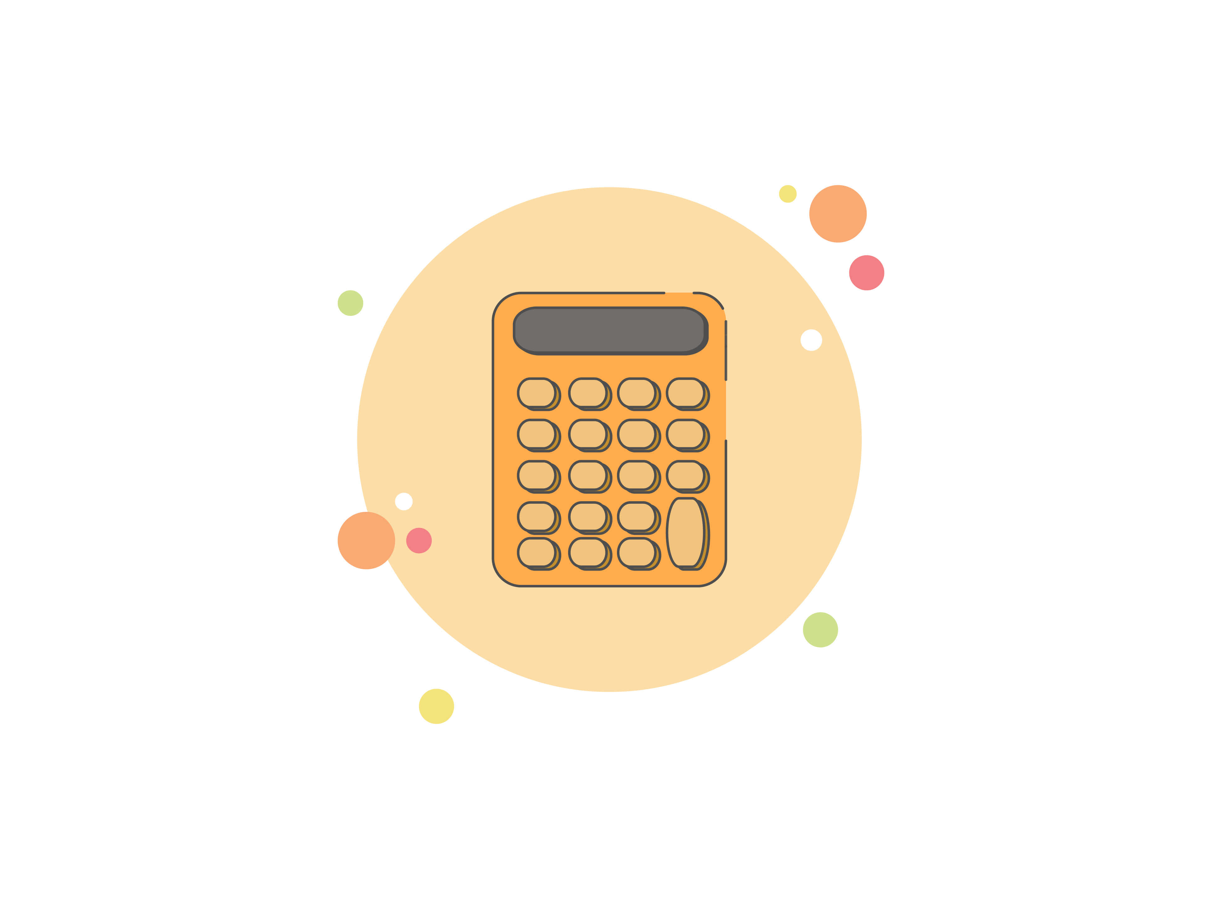 Calculator 桌布 壁紙 — 一個扁平風格的橙色計算器，位於米色圓圈中央，周圍環繞著色彩繽紛的浮動圓點。