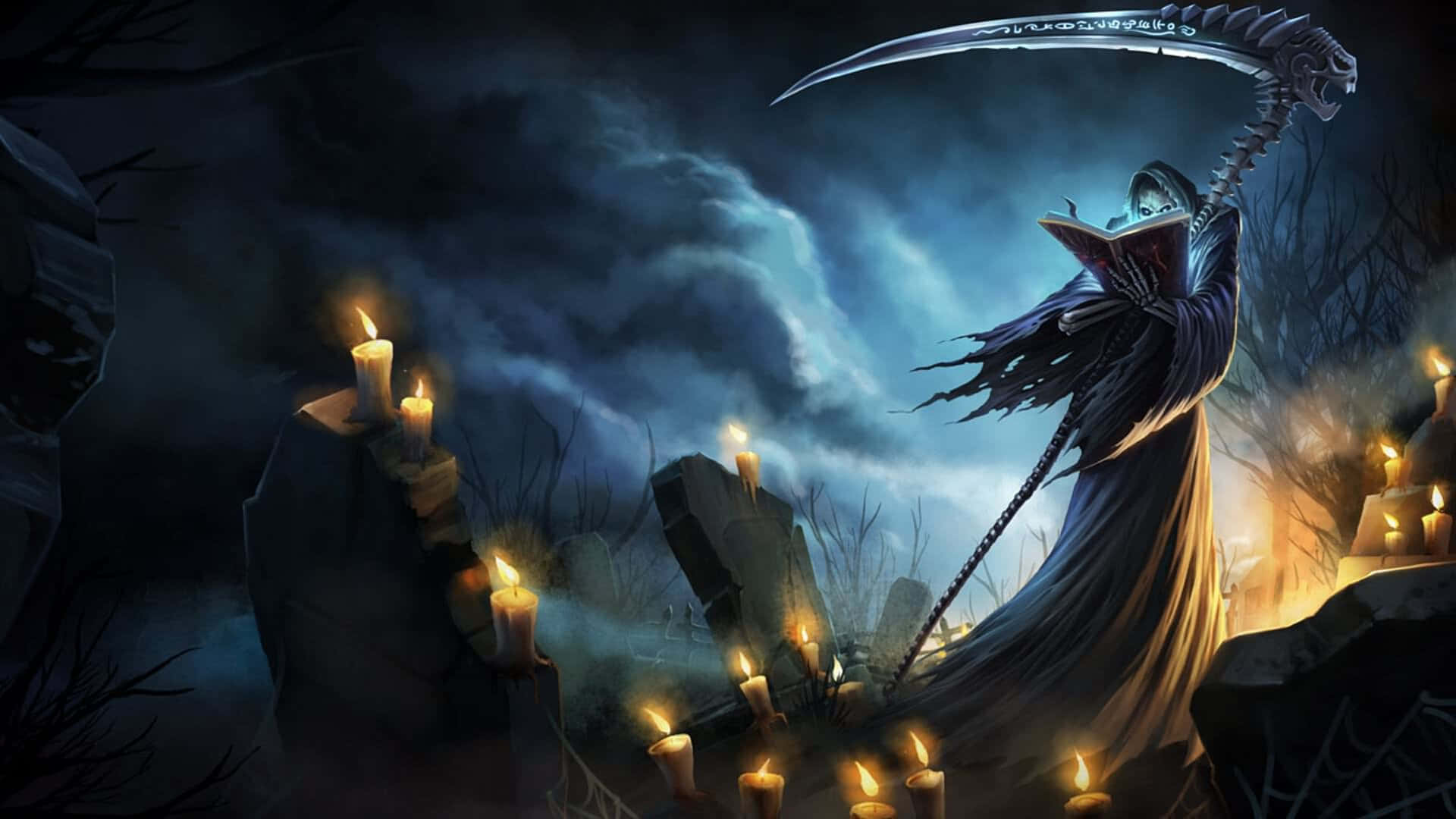 死神 桌布 壁紙 — 一個手持鐮刀和書本的死神站在黑暗風暴的墓地中，周圍有發光的蠟燭。