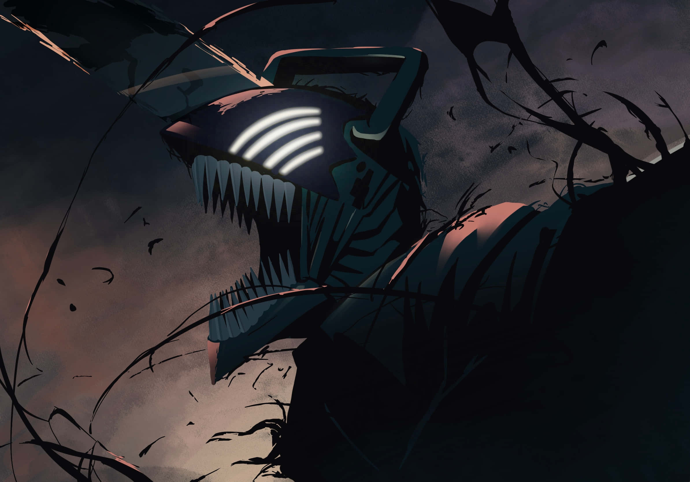 Cartoon Horror 桌布 壁紙 — 一個手持電鋸、眼睛發光、牙齒鋒利的威脅性生物從黑煙和折斷的樹枝中出現。