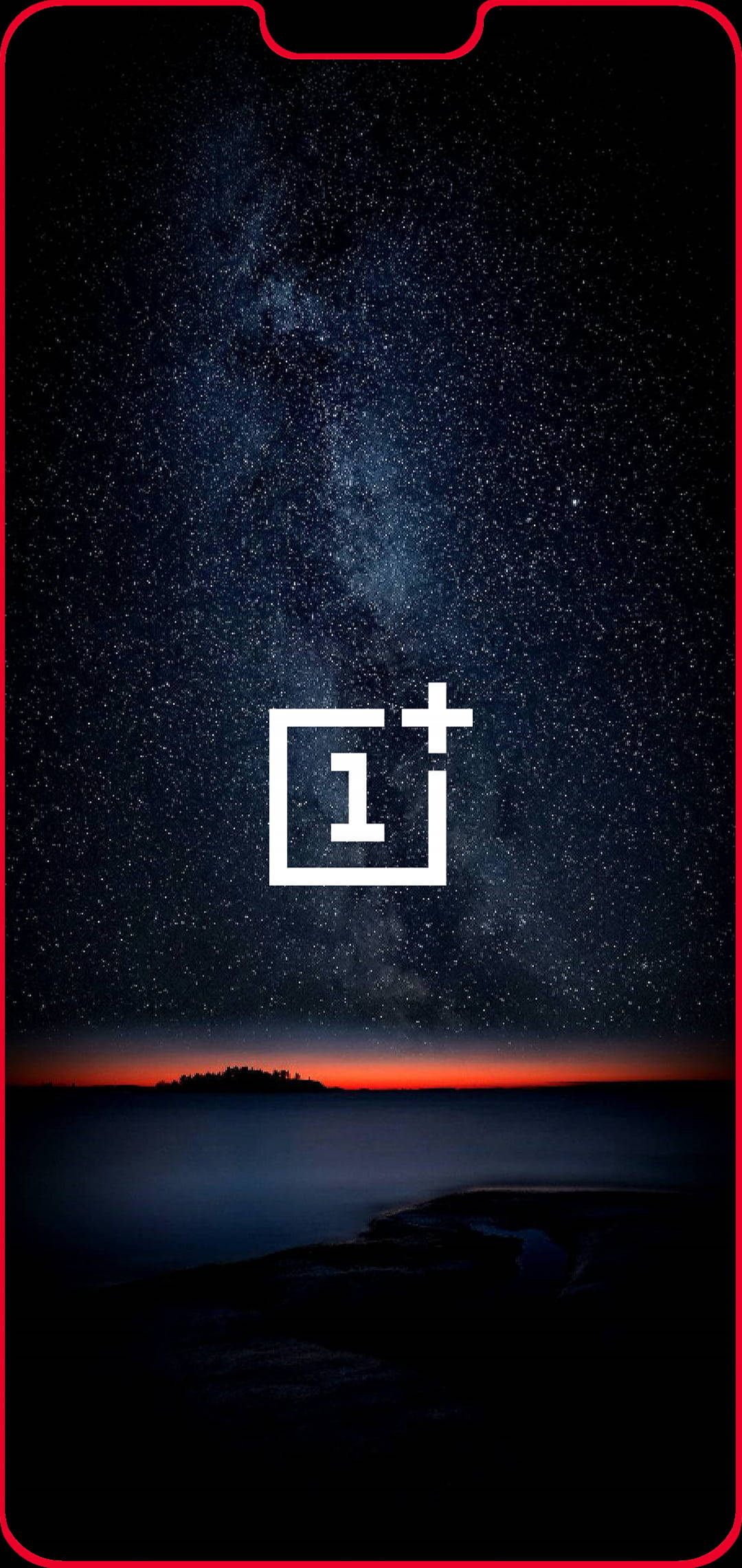 Logo 桌布 壁紙 — 一個手機桌布，顯示在黑暗海洋地平線上方閃爍紅光的銀河星空夜空。