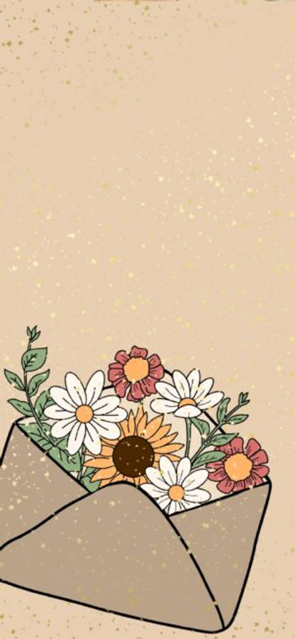 唯美花朵動圖 桌布 壁紙 — 一個手繪信封，裡面裝滿雛菊、向日葵和粉紅色花朵，背景是帶有斑點的米色。