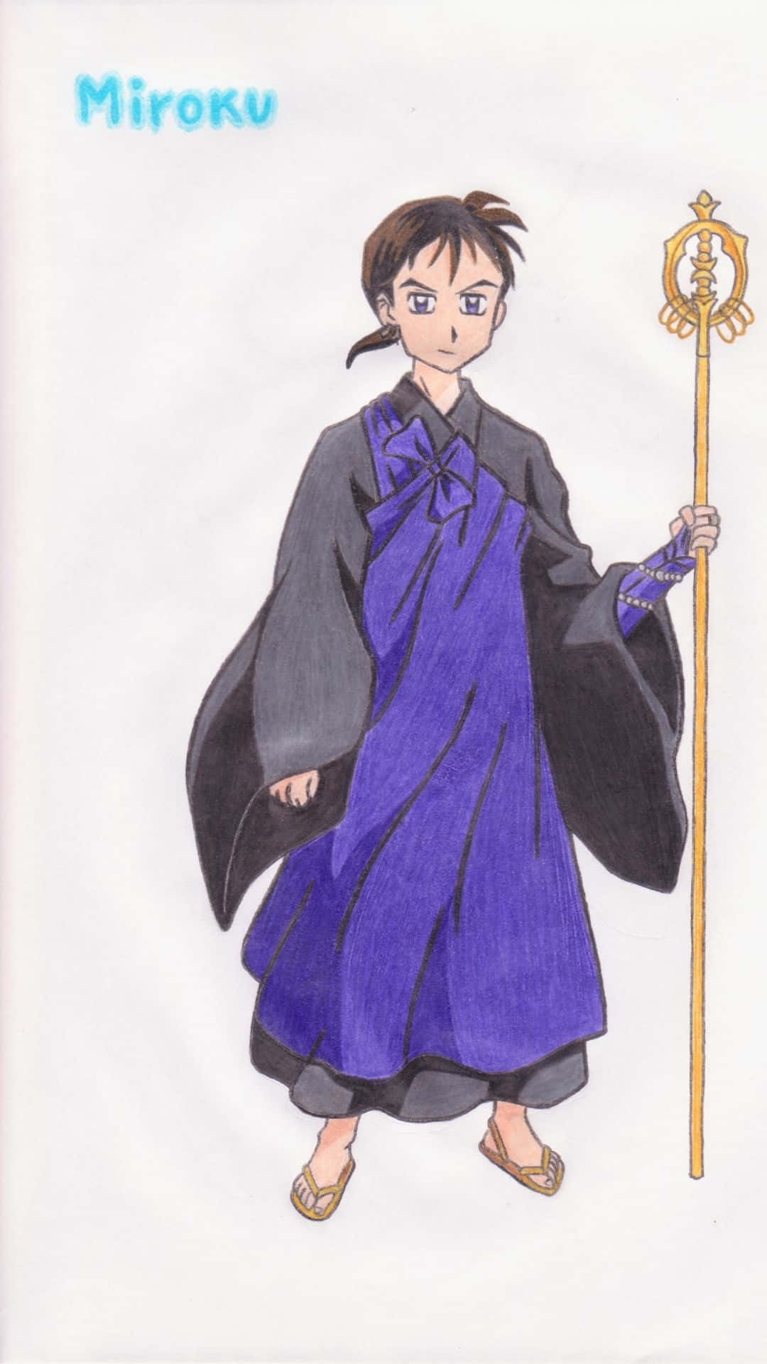 Miroku 桌布 壁紙 — 一個手繪動漫角色名叫彌勒，身穿紫色和黑色長袍，手持金色法杖。