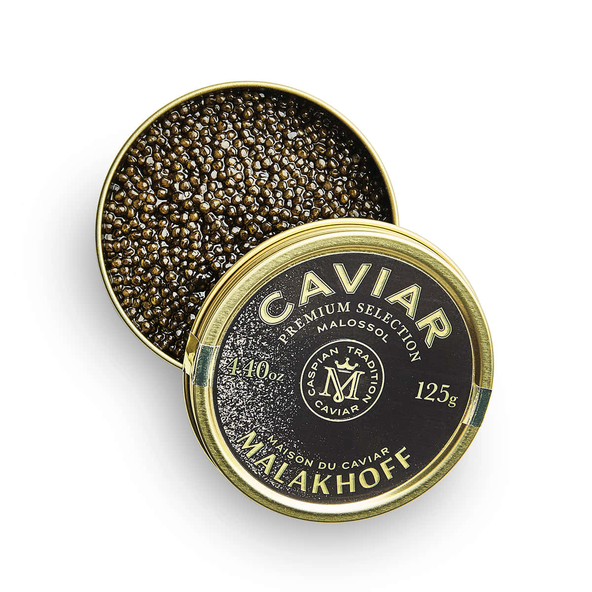 Black Caviar 桌布 壁紙 — 一個打開嘅奢華Malakhoff品牌魚子醬罐，喺純白背景上展現閃亮黑色珍珠。