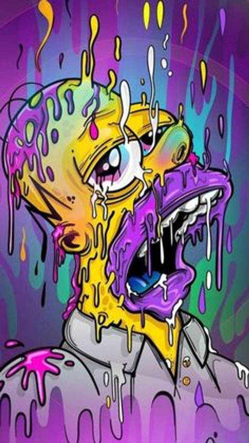 迷幻 桌布 壁紙 — 一個扭曲的卡通角色，擁有融化的黃色皮膚和紫色油漆滴，背景是充滿活力的紫色。