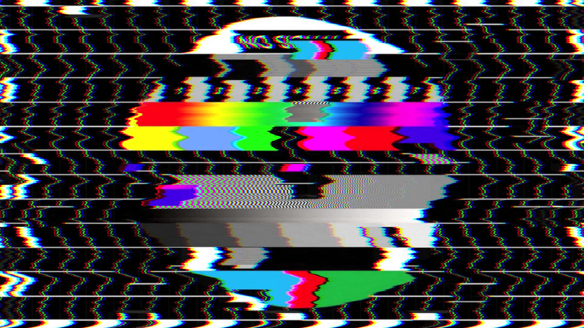 Glitch Effect 桌布 壁紙 — 一個扭曲的電視屏幕在黑色背景上顯示帶有故障效果的彩虹條和靜態噪聲。
