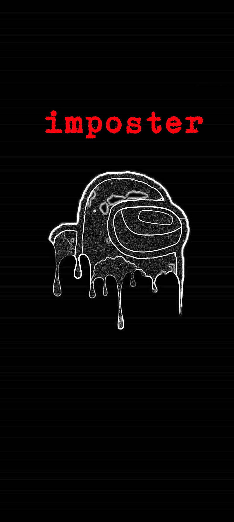 Among US Impostor 桌布 壁紙 — 一個扭曲面孔的白色滴落輪廓，黑色屏幕上帶有紅色「imposter」文字和掃描線。