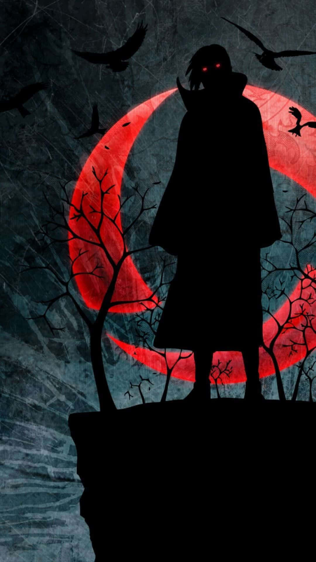 Genjutsu 桌布 壁紙 — 一個披著斗篷、眼睛發出紅光的人物剪影，站在懸崖頂上，背景是血紅色的月亮和飛翔的烏鴉。