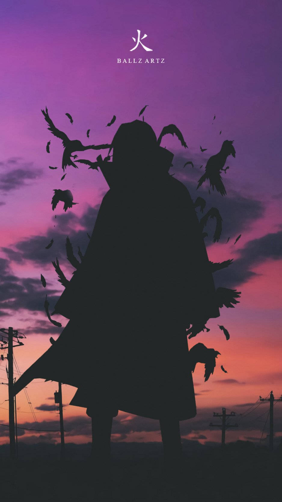 Itachi 桌布 壁紙 — 一個披著斗篷的人物剪影，鳥兒從他們的頭部衝出，映襯著充滿活力的紫色和橙色日落天空。
