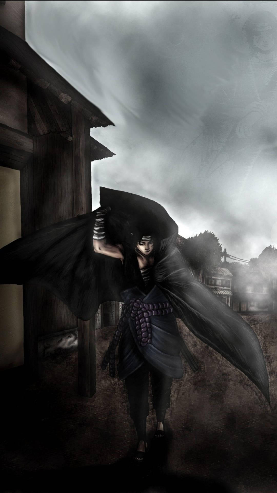 sasuke uchiha 桌布 壁紙 — 一個披著斗篷的動漫忍者站在暴風雨中的村莊街道上，天空陰暗，迷霧旋轉。