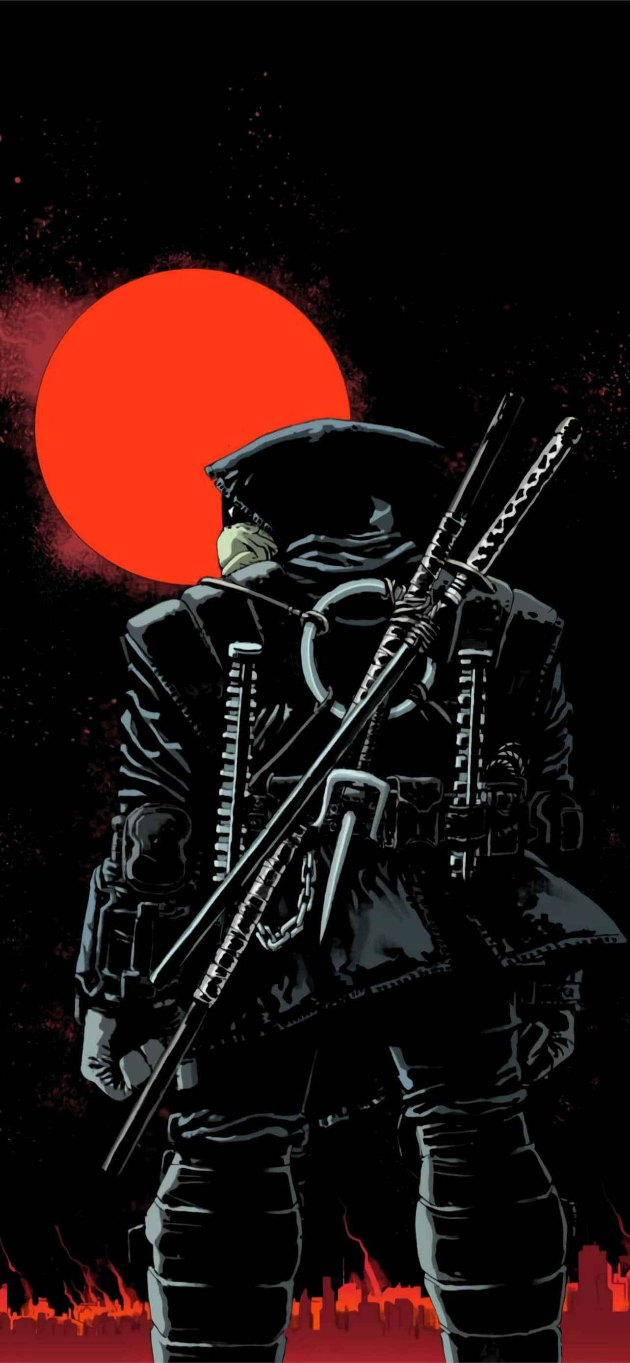 Ronin 桌布 壁紙 — 一個披著斗篷的忍者戰士以剪影姿態站在巨大的紅日前，下方是烈焰城市景觀。
