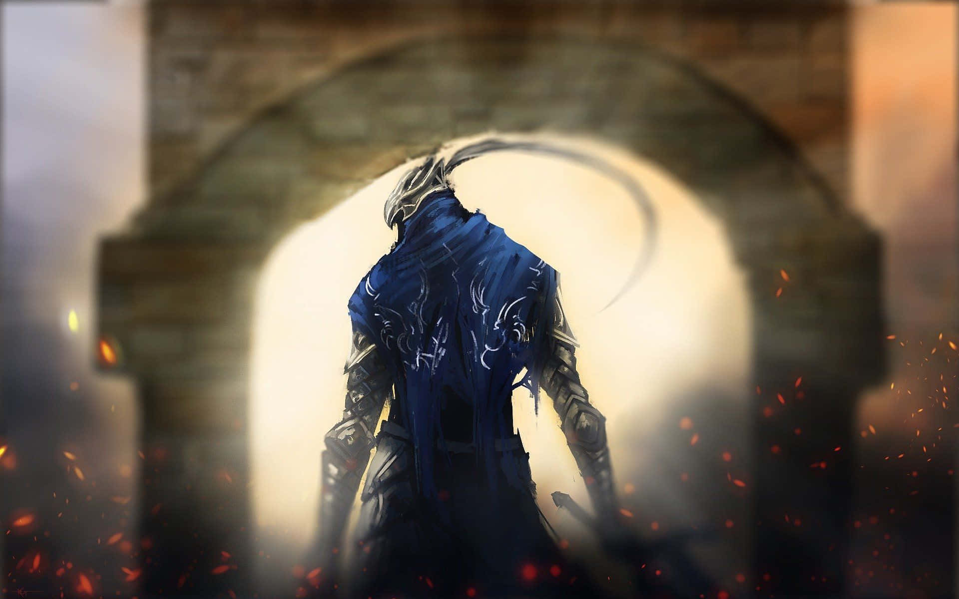 Artorias The Abysswalker 桌布 壁紙 — 一個披著斗篷的裝甲戰士站在石拱門中，背後有發光的月亮，周圍漂浮著熾熱的餘燼。