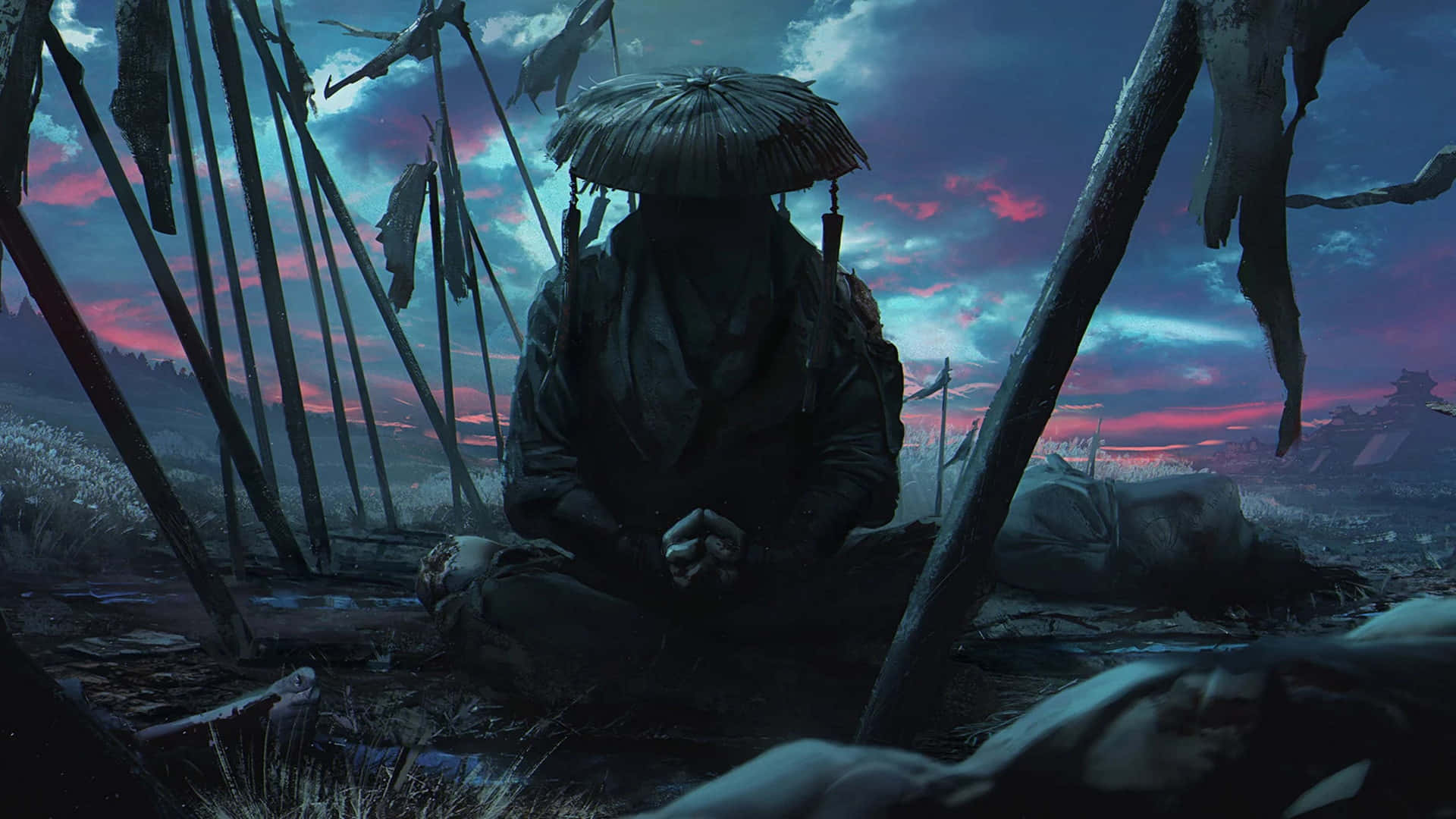Feudal Japan 桌布 壁紙 — 一個披著斗篷的身影在黃昏時分，戴著草帽，在破爛的木柱之間冥想，天空佈滿瘀傷般的色彩。