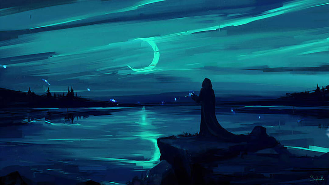 Painting 桌布 壁紙 — 一個披著斗篷的身影獨自站在岩石海岸上，腳下是閃爍著新月倒影的碧綠海水。
