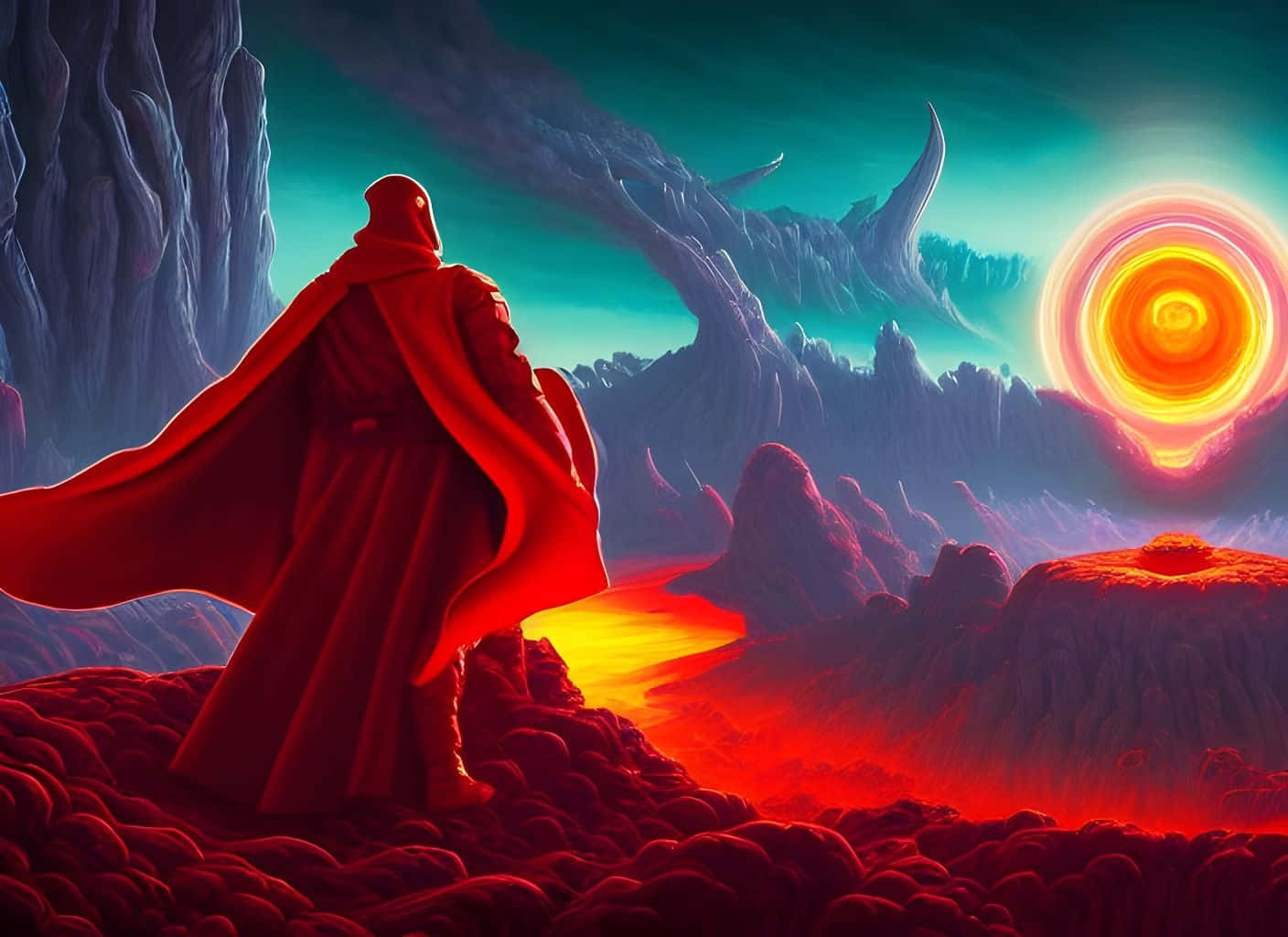 Mustafar 桌布 壁紙 — 一個披著斗篷的身影站在熔岩原上，凝視著一個旋轉的橙色太陽，背景是超現實的外星景觀，有鋸齒狀的藍綠色山脈。