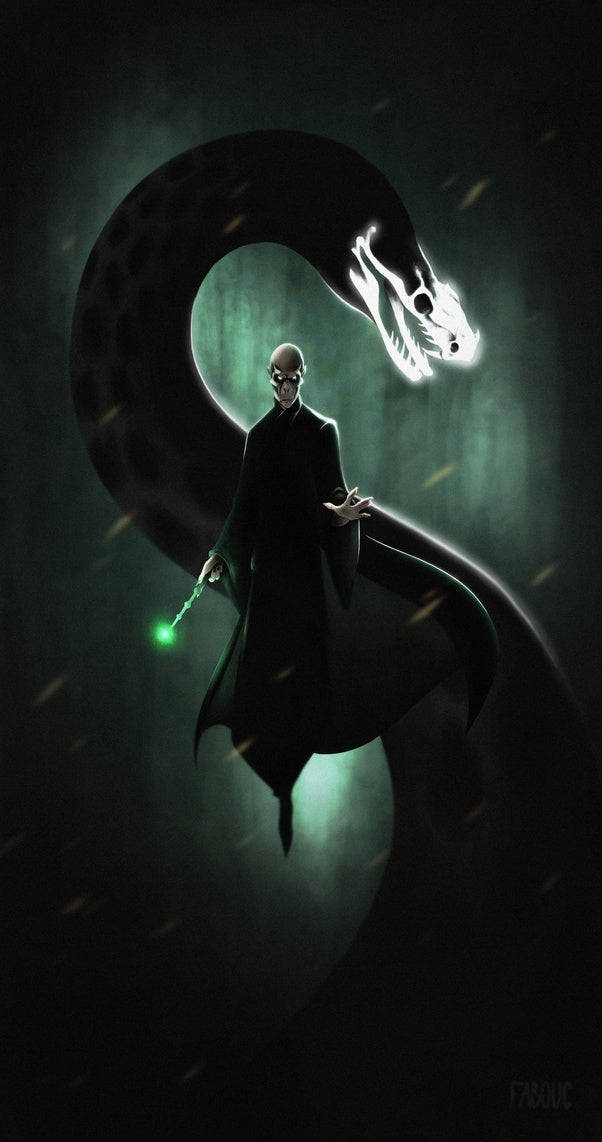 voldemort 桌布 壁紙 — 一個披著斗篷的骷髏身影揮舞著發光的綠色魔杖，而一條巨大的黑暗蛇形生物，頭顱發光，纏繞在他們周圍，處於迷霧般的綠色虛空中。